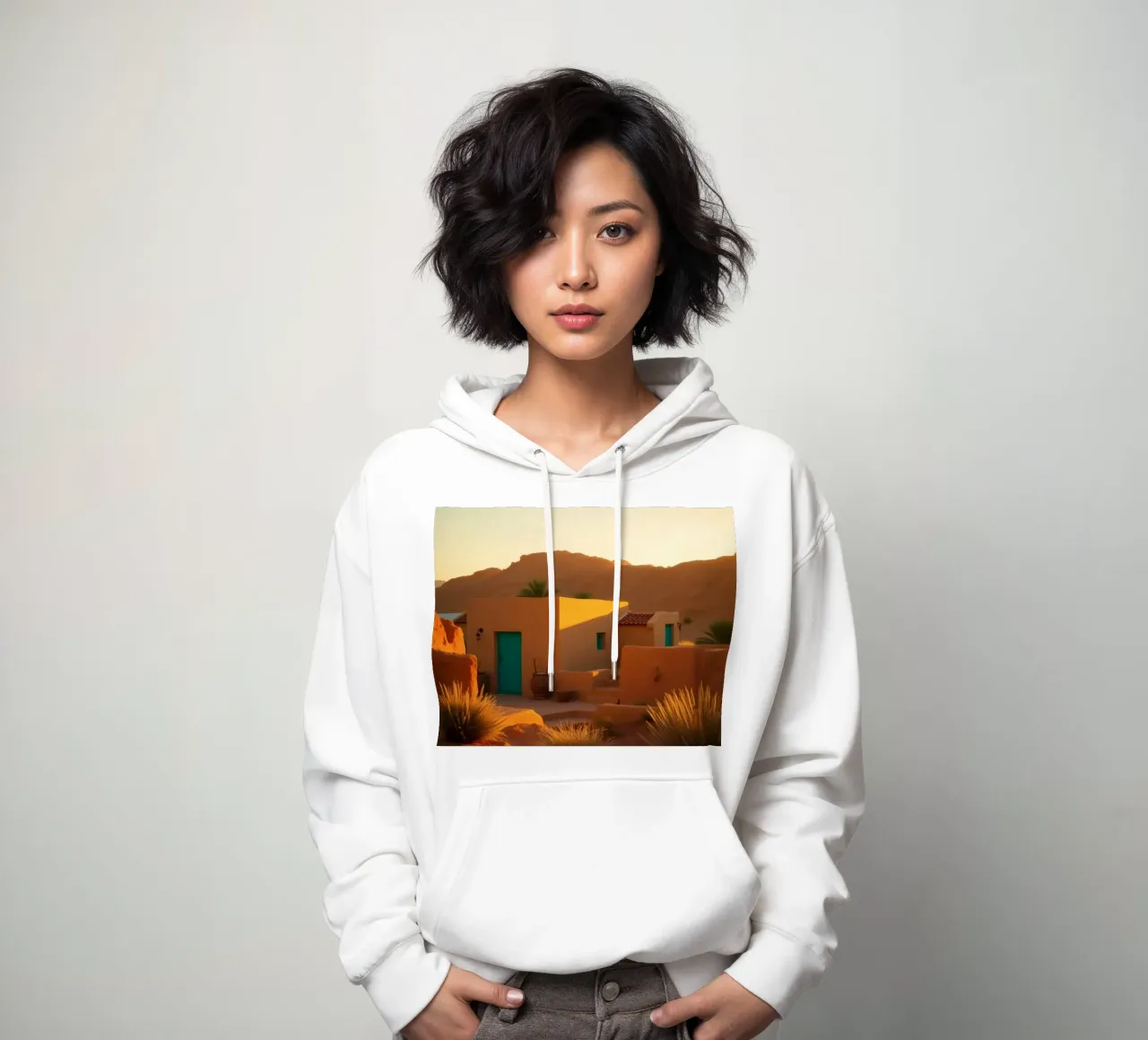 La luce calda della sera nel deserto proietta le ombre su un rustico felpa con cappuccio da DesignDoodle