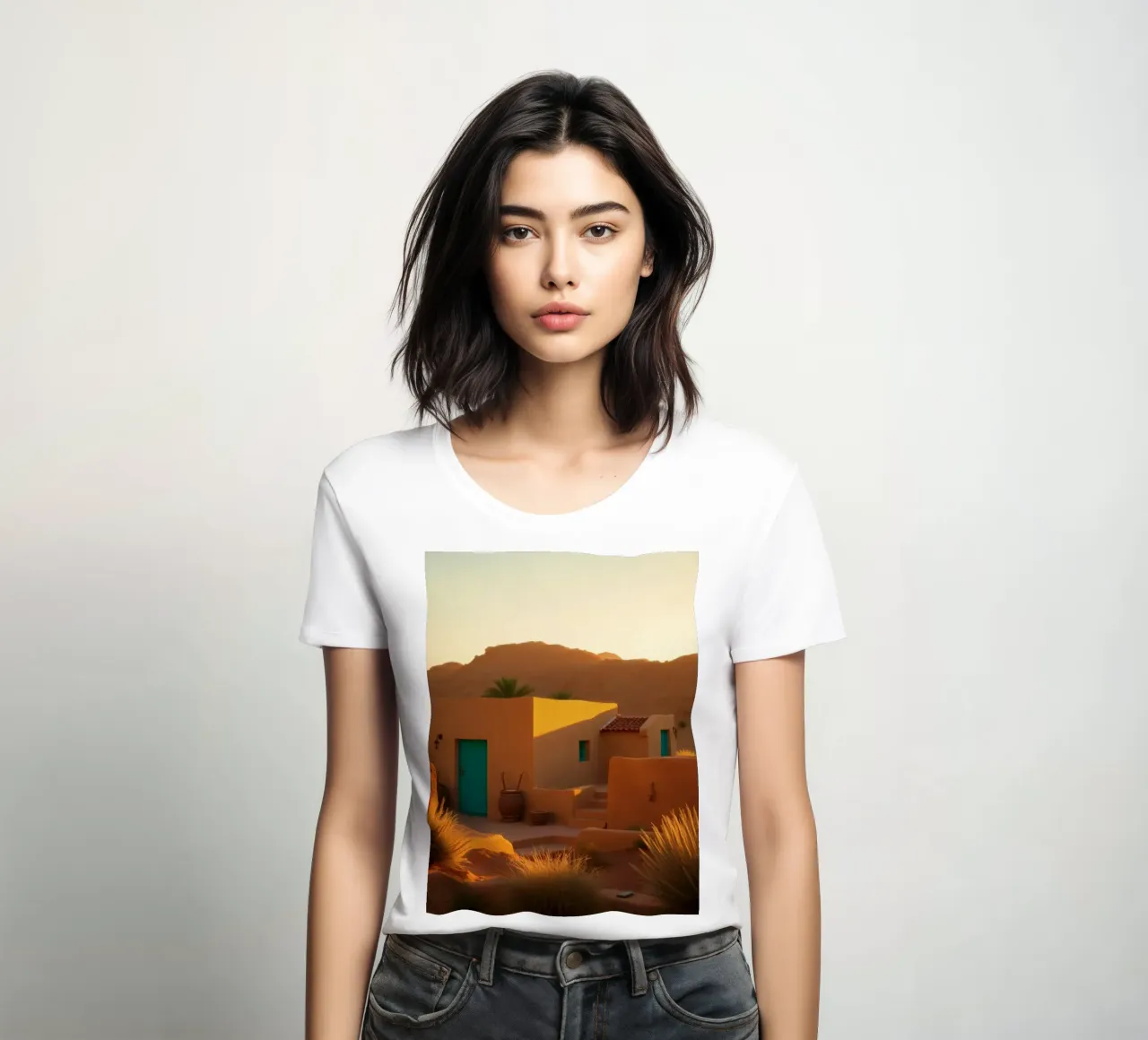 Warm woestijnavondlicht werpt schaduwen op een rustieke dames t-shirt getailleerd van DesignDoodle