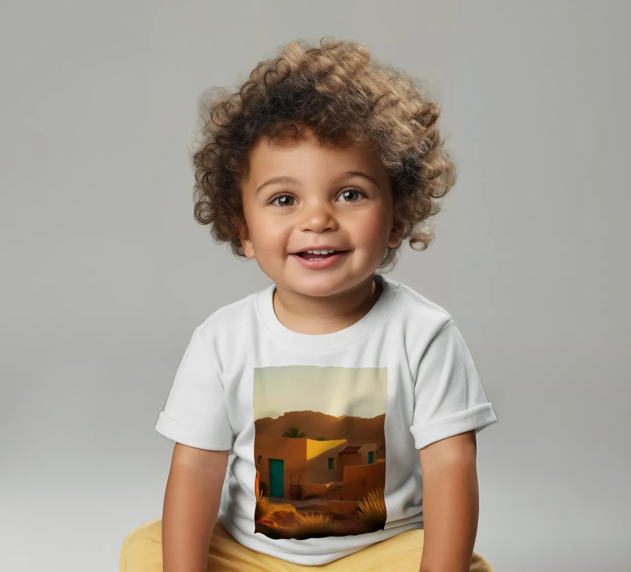 Warm woestijnavondlicht werpt schaduwen op een rustieke baby t-shirt van DesignDoodle