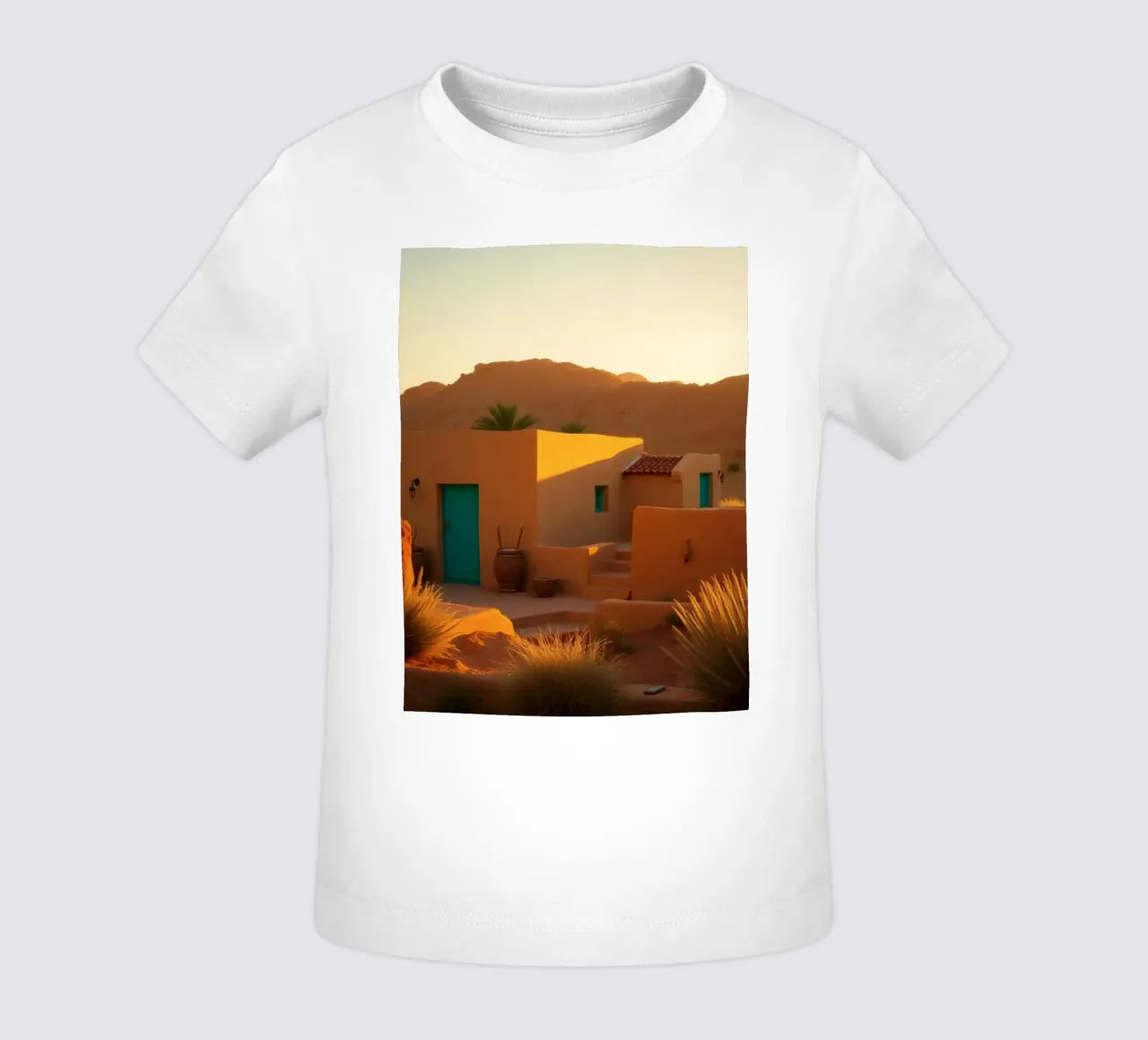 Warm woestijnavondlicht werpt schaduwen op een rustieke baby t-shirt van DesignDoodle