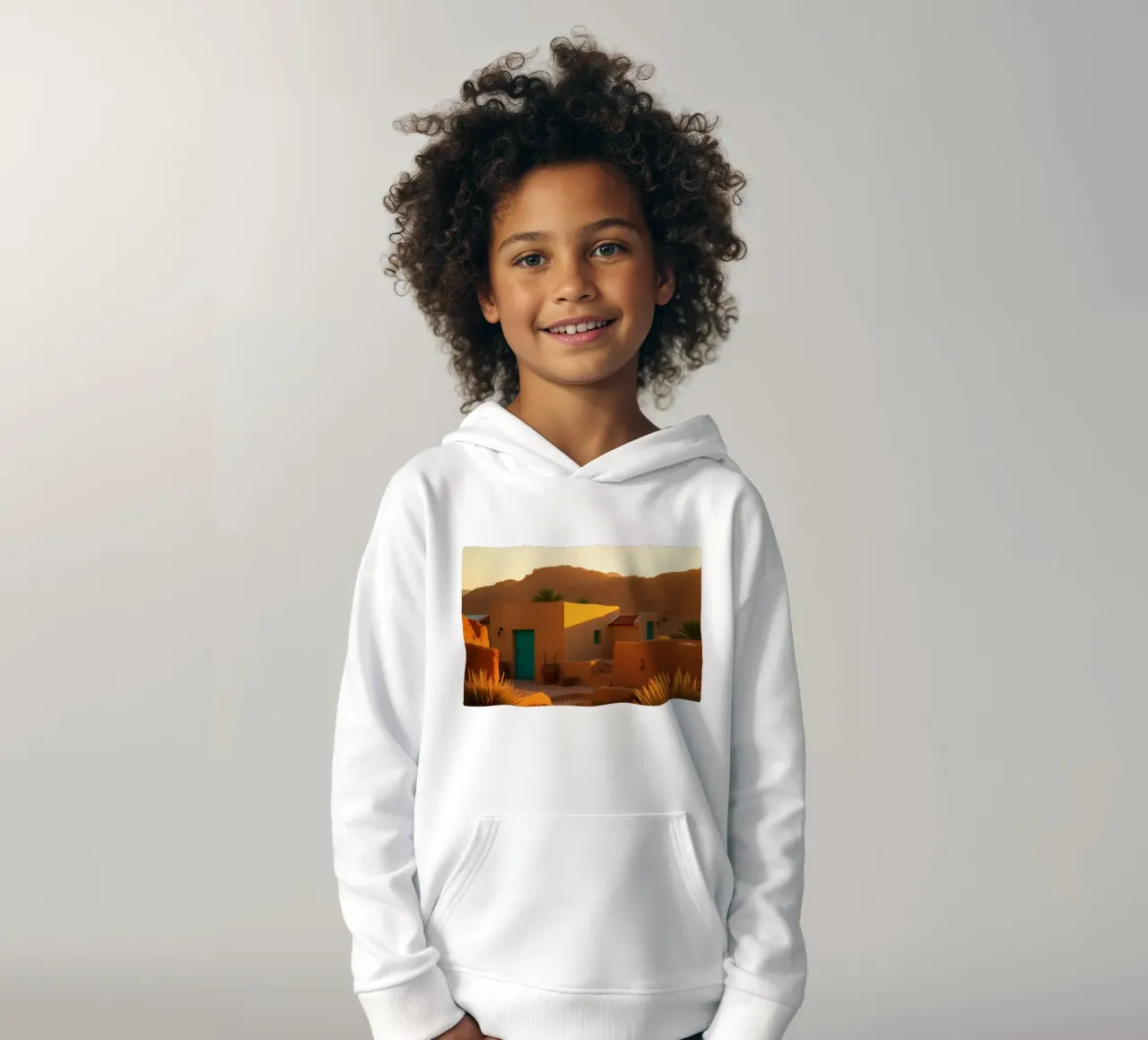 Warm desert evening light casts shadows on a rustic kids hoodie by DesignDoodle