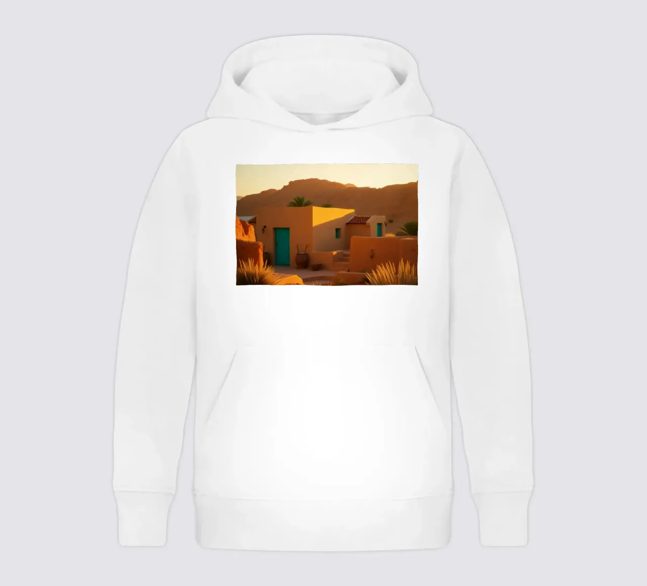 Warm desert evening light casts shadows on a rustic kids hoodie by DesignDoodle