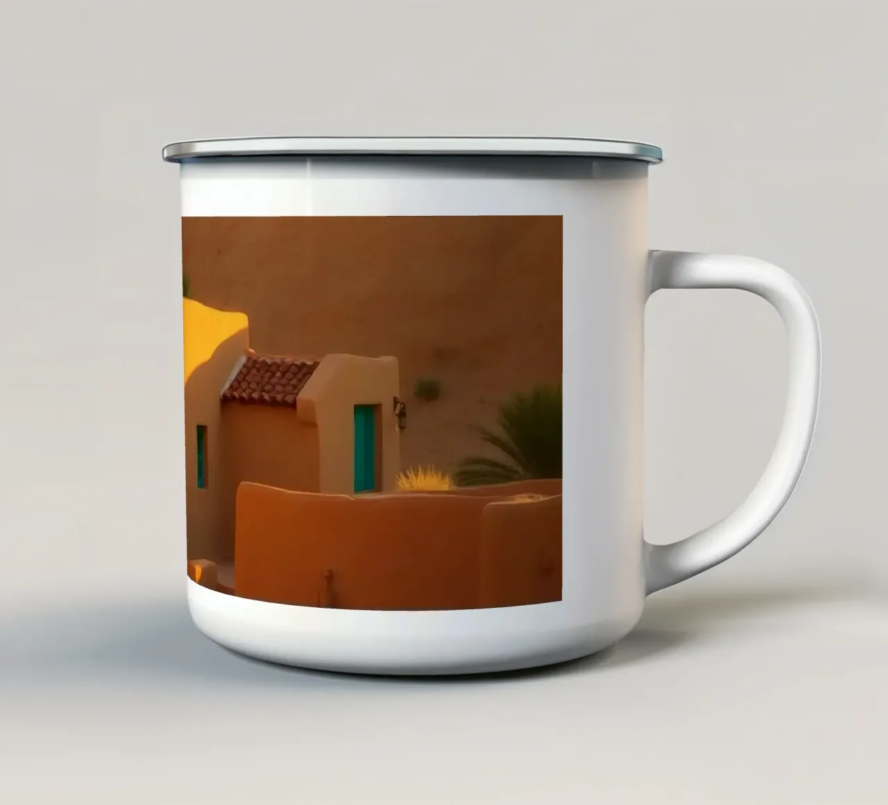 La luce calda della sera nel deserto proietta le ombre su un rustico tazza in smalto da DesignDoodle