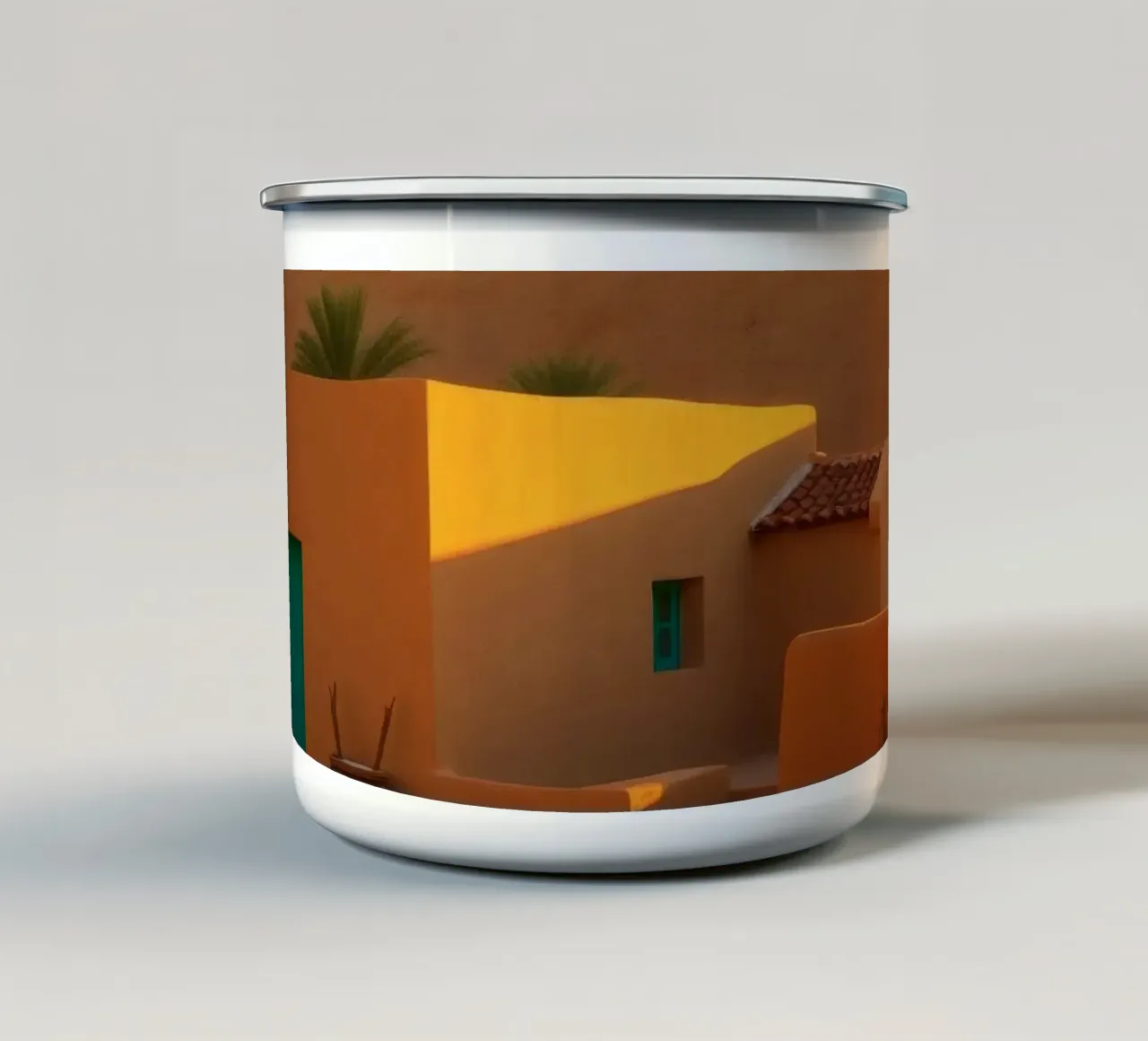 La luce calda della sera nel deserto proietta le ombre su un rustico tazza in smalto da DesignDoodle