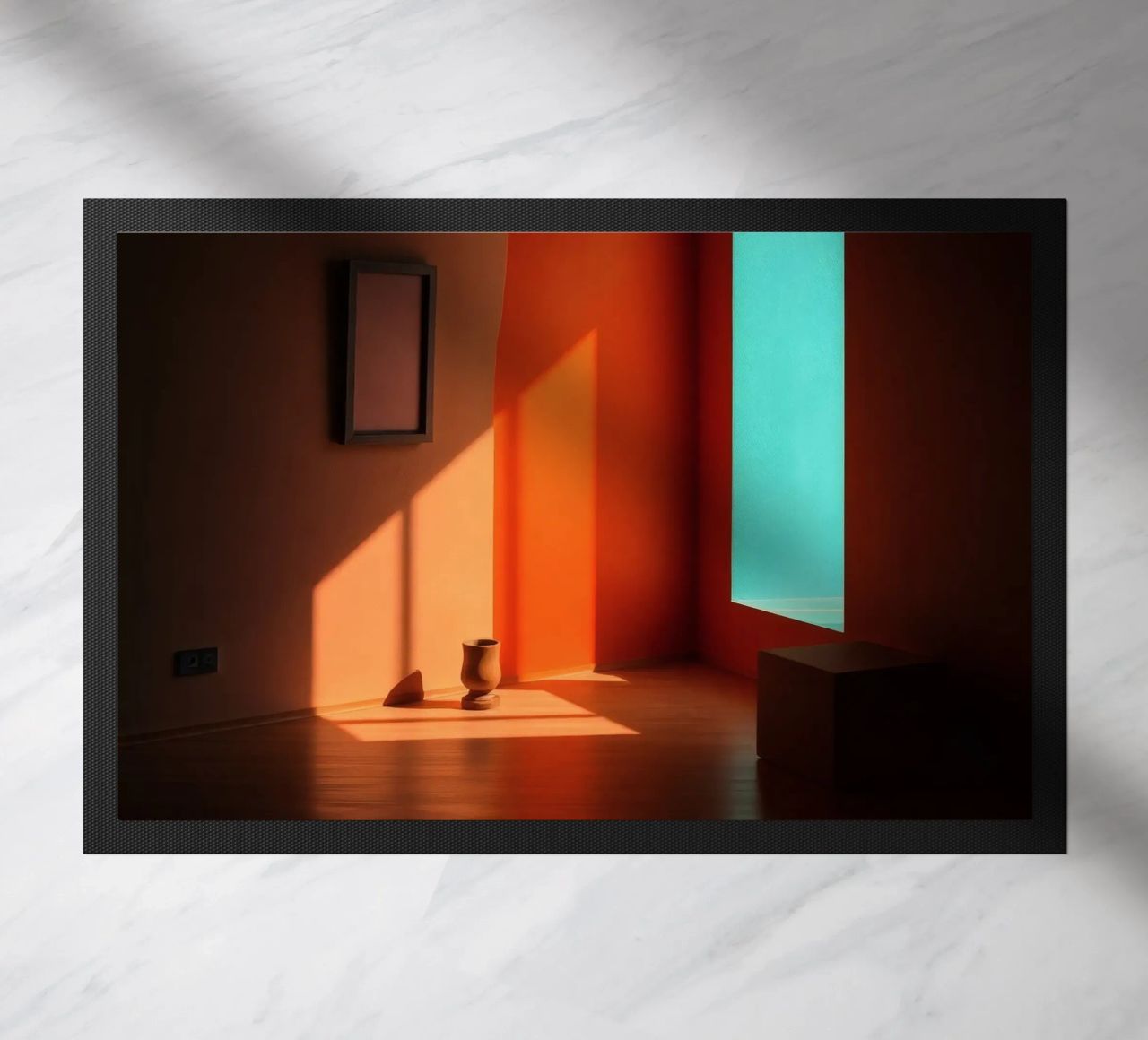 sunlight creating patterns in an artistically designed room doormat by DesignDoodle