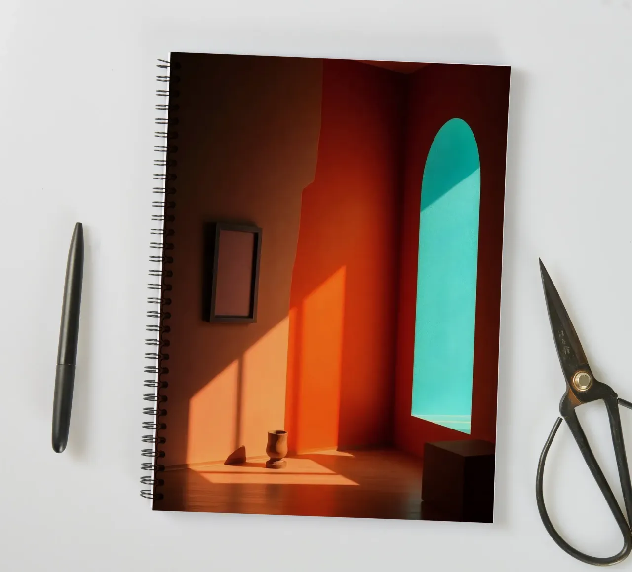 sunlight creating patterns in an artistically designed room spiral notebook by DesignDoodle