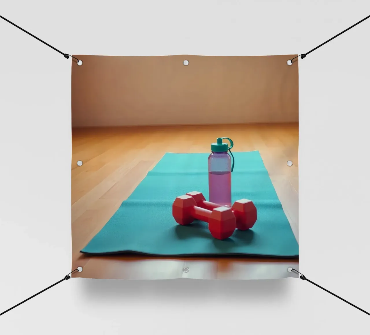 Elementi essenziali per l'allenamento su un tappetino per esercizi in una luminosa spa interna telo in pvc da DesignDoodle