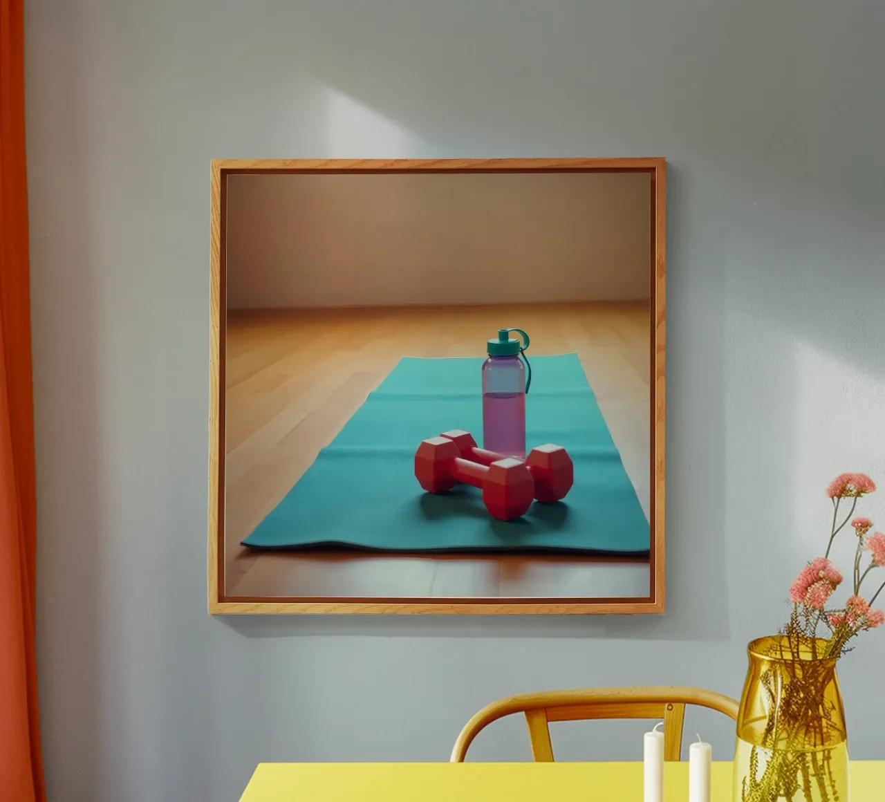 Elementi essenziali per l'allenamento su un tappetino per esercizi in una luminosa spa interna plexiglass da DesignDoodle