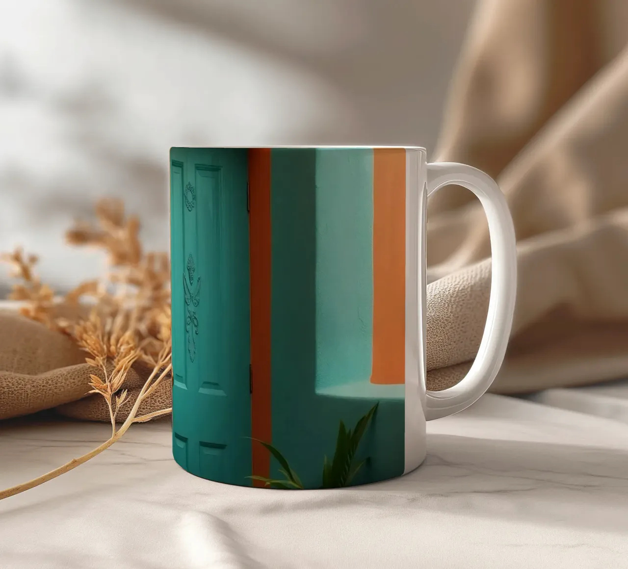 entrance with turquoise door and window against orange ceramic mug by DesignDoodle
