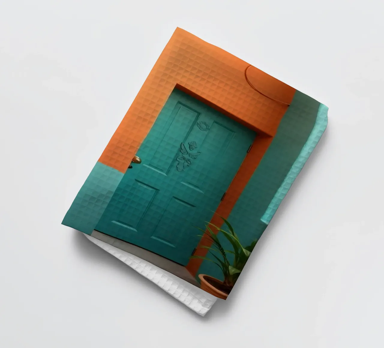 entrée avec porte et fenêtre turquoise sur fond orange torchon de DesignDoodle