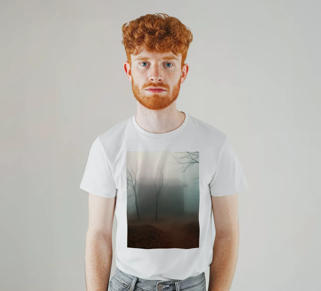 La nebbia avvolge una casa isolata circondata da alberi secchi t-shirt da DesignDoodle