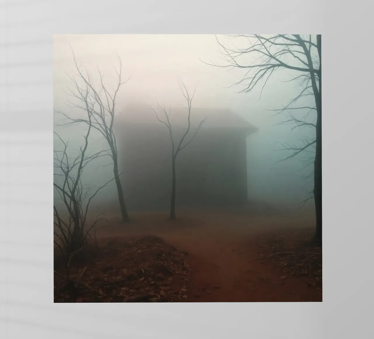 La nebbia avvolge una casa isolata circondata da alberi secchi pellicola backlit da DesignDoodle