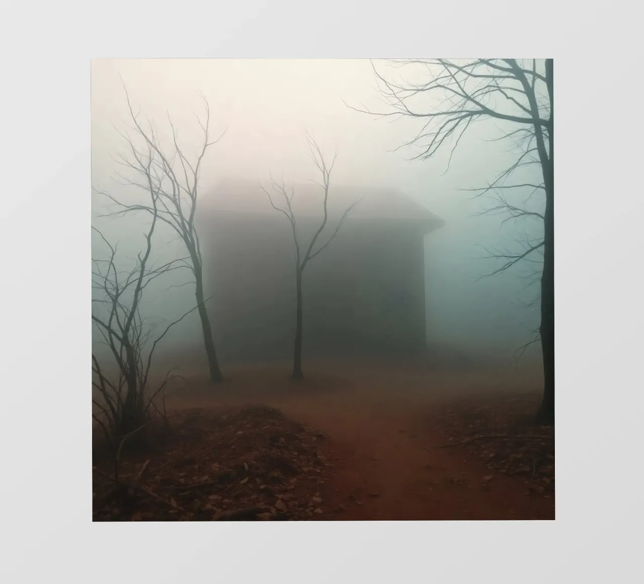 La nebbia avvolge una casa isolata circondata da alberi secchi pellicola backlit da DesignDoodle