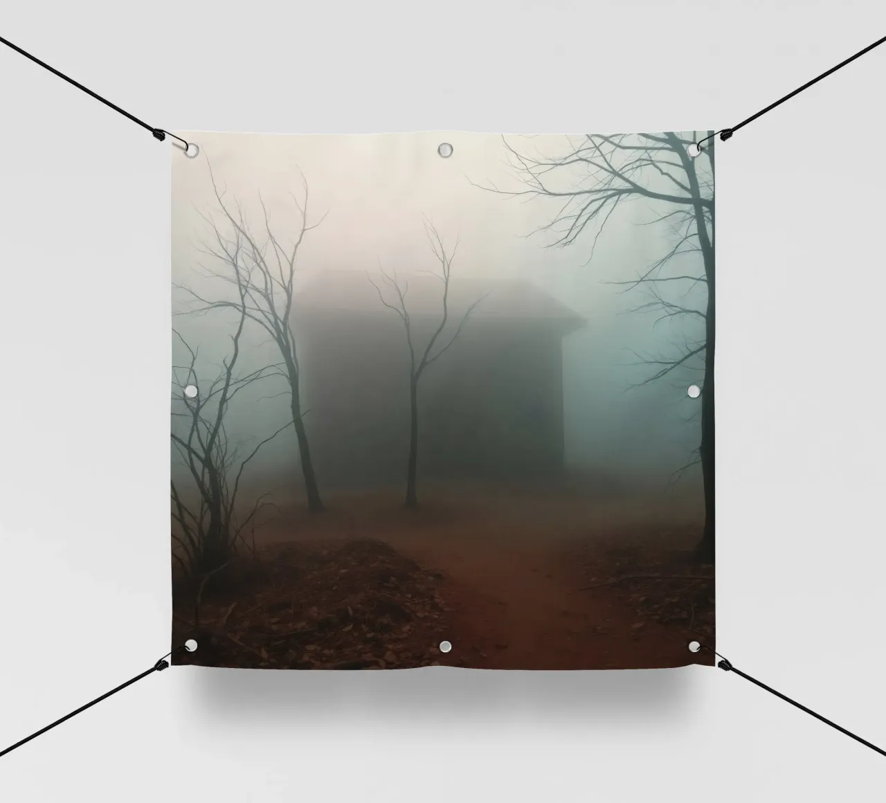 La nebbia avvolge una casa isolata circondata da alberi secchi telo in pvc da DesignDoodle
