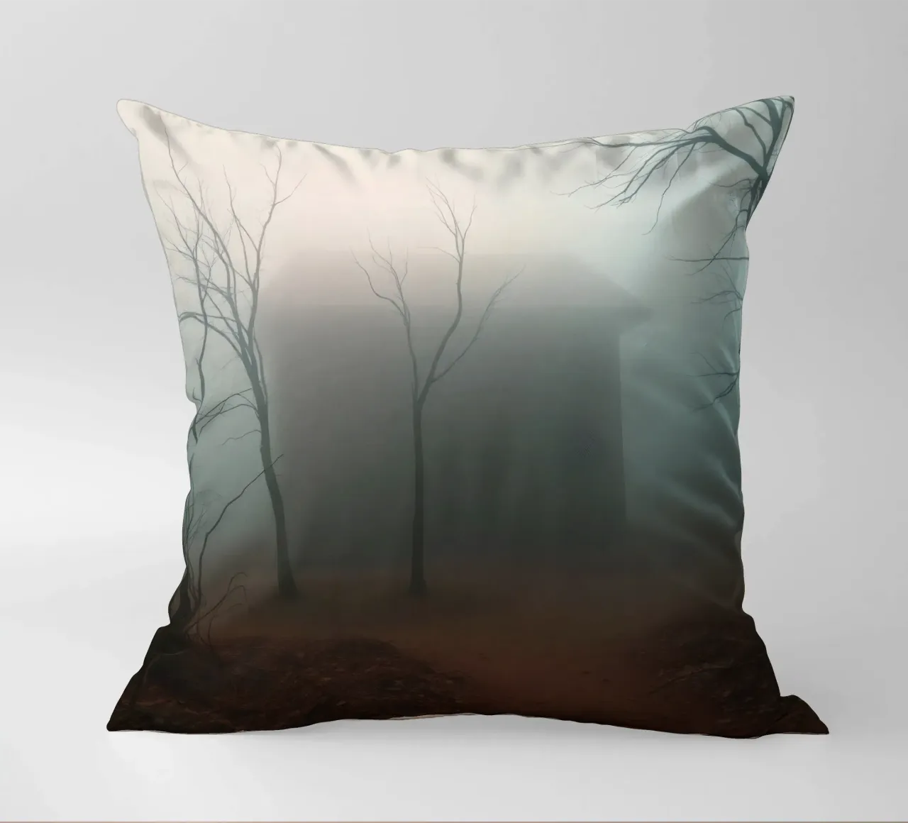 La nebbia avvolge una casa isolata circondata da alberi secchi cuscino da DesignDoodle