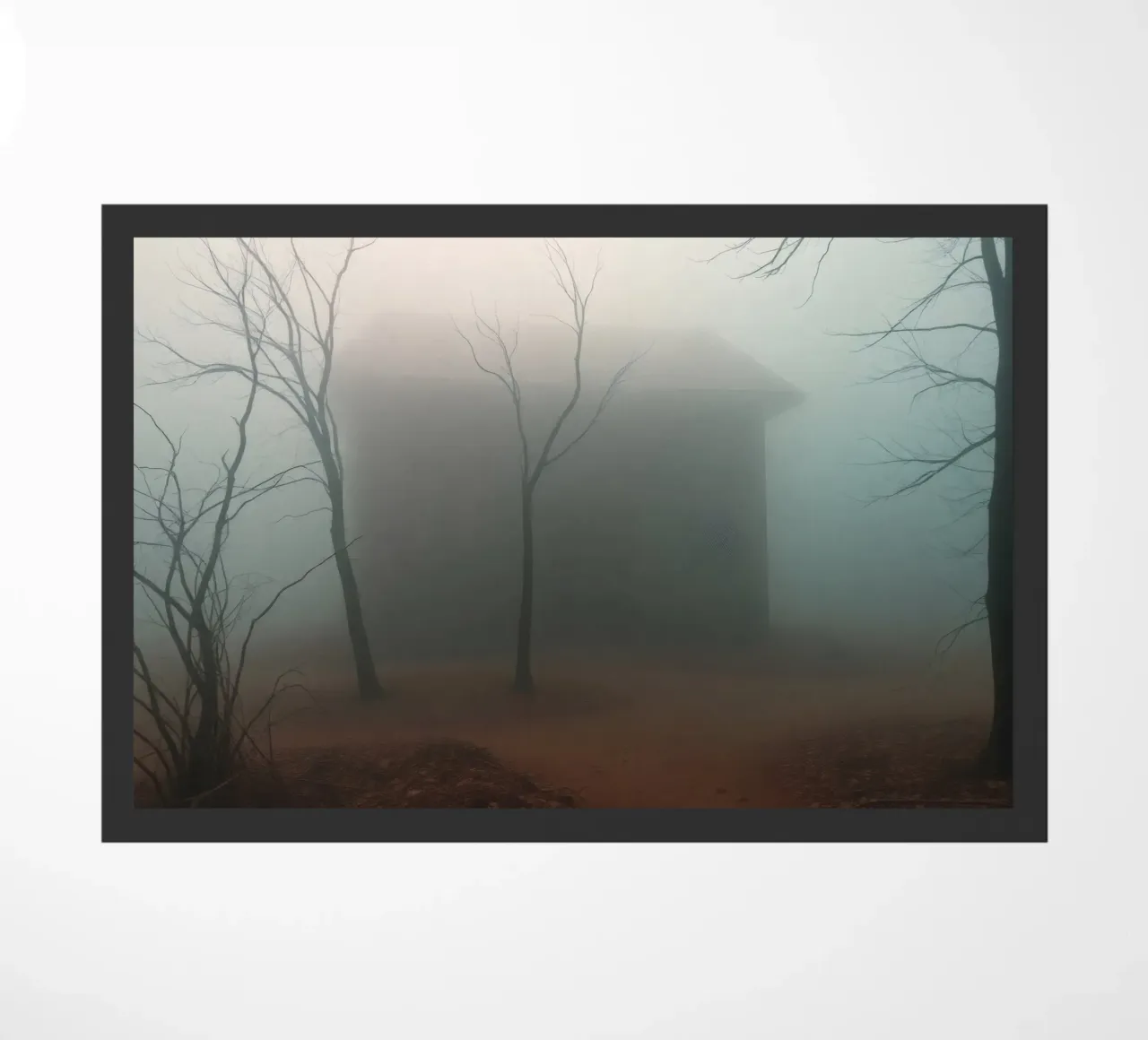 Fog envelops an isolated house surrounded by barren trees doormat by DesignDoodle