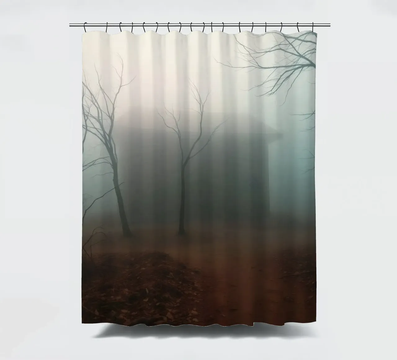 La nebbia avvolge una casa isolata circondata da alberi secchi tenda da doccia da DesignDoodle
