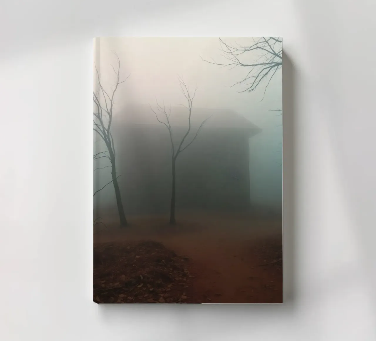 Le brouillard enveloppe une maison isolée entourée d'arbres dénudés. carnet de notes de DesignDoodle