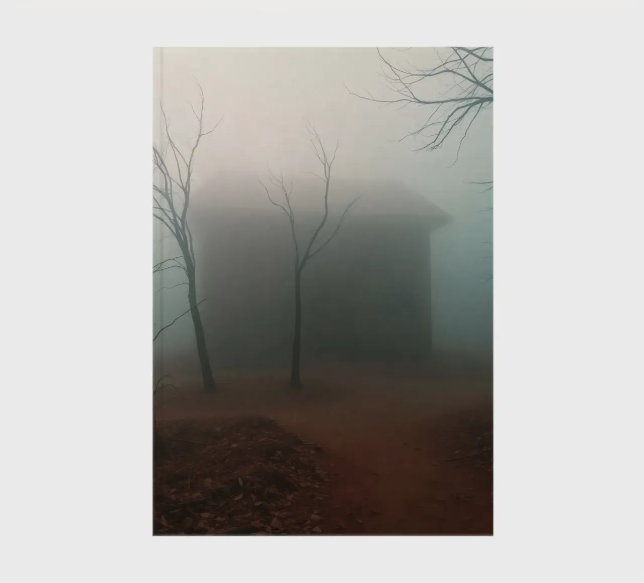 Le brouillard enveloppe une maison isolée entourée d'arbres dénudés. carnet de notes de DesignDoodle