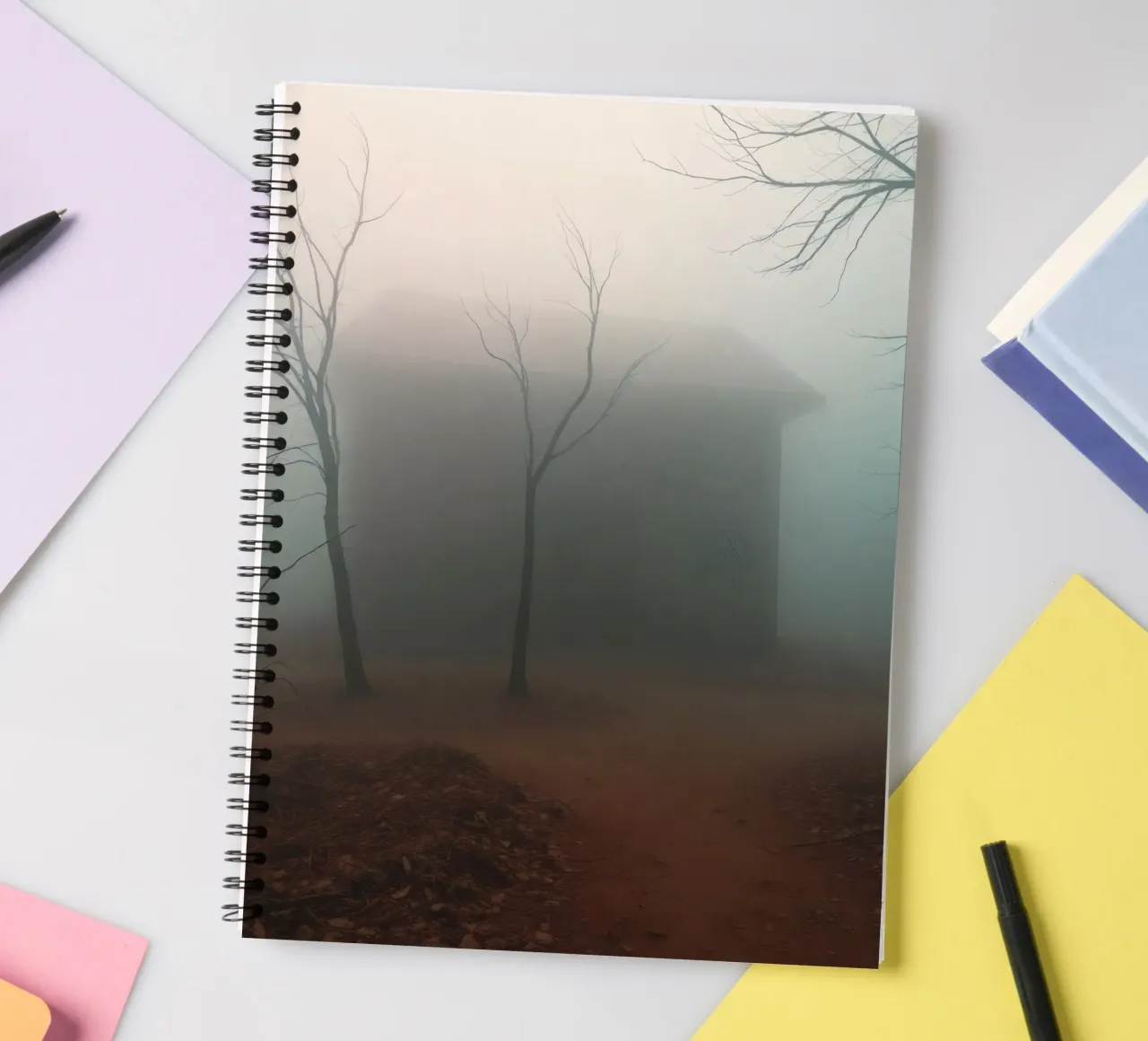 Fog envelops an isolated house surrounded by barren trees spiral notebook by DesignDoodle