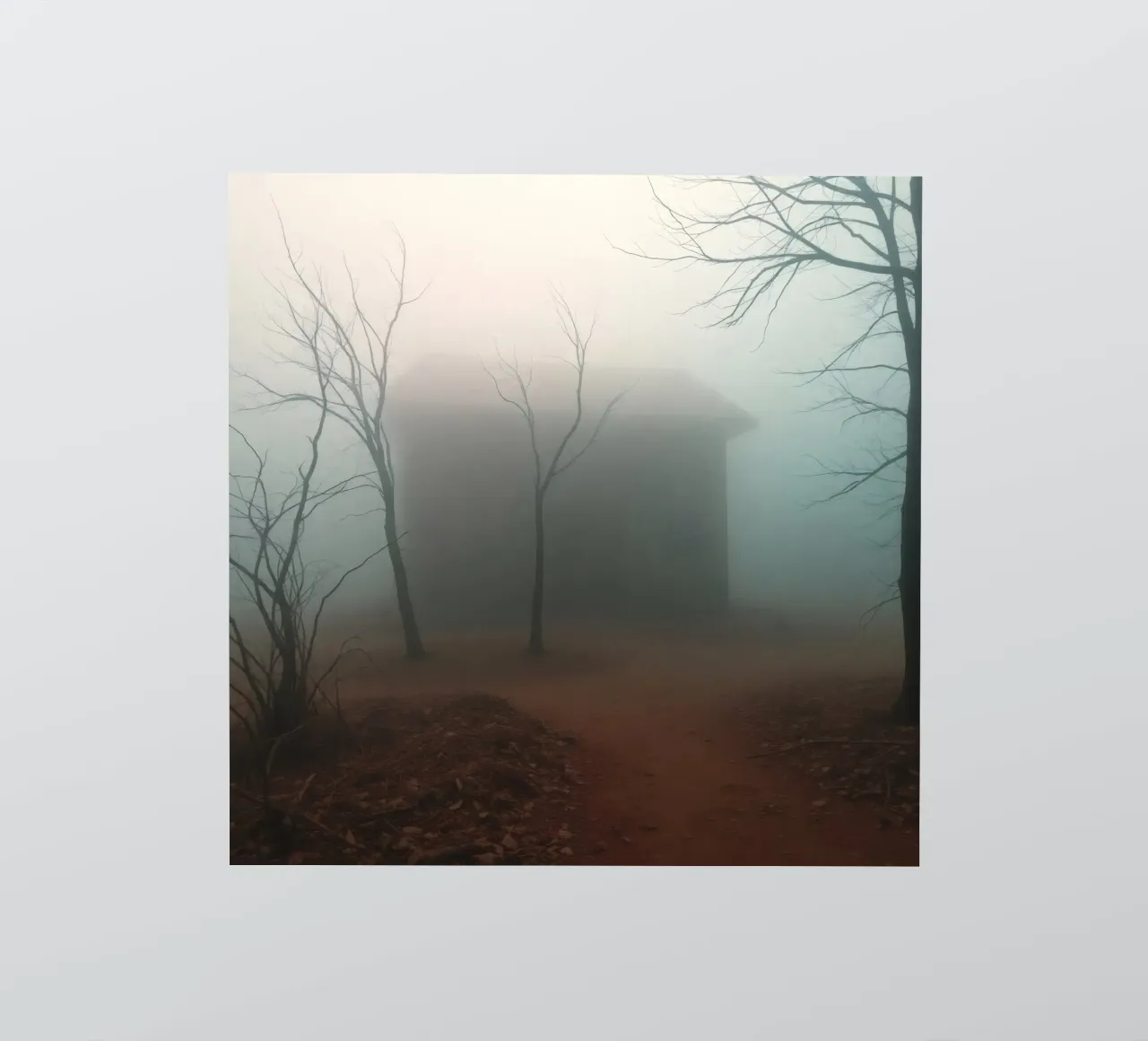 Fog envelops an isolated house surrounded by barren trees sticker by DesignDoodle