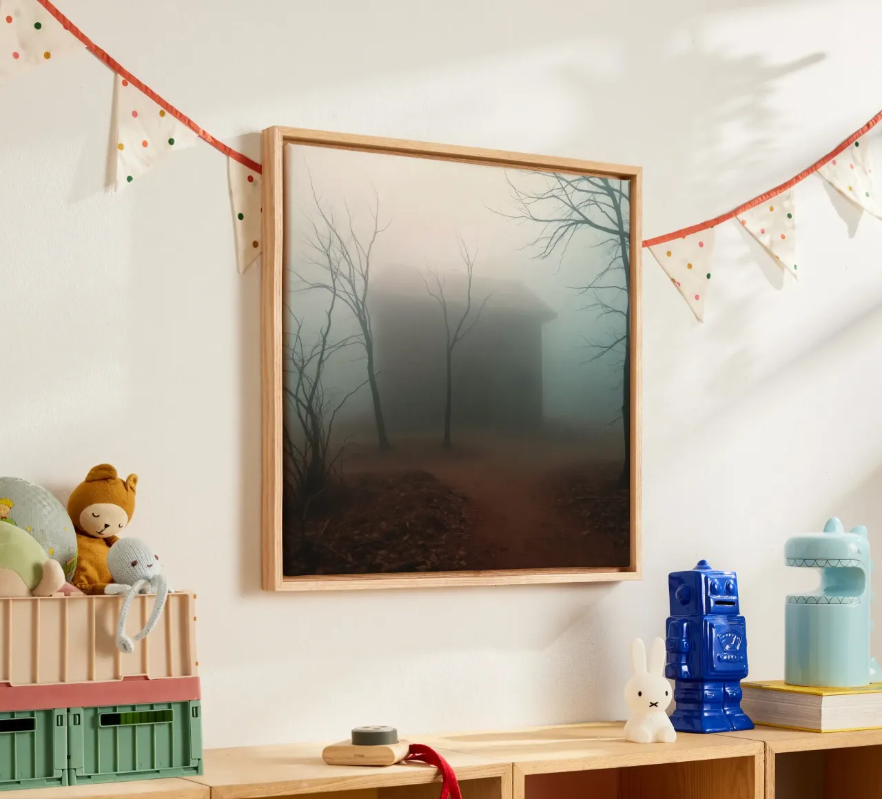 Le brouillard enveloppe une maison isolée entourée d'arbres dénudés. toile de DesignDoodle