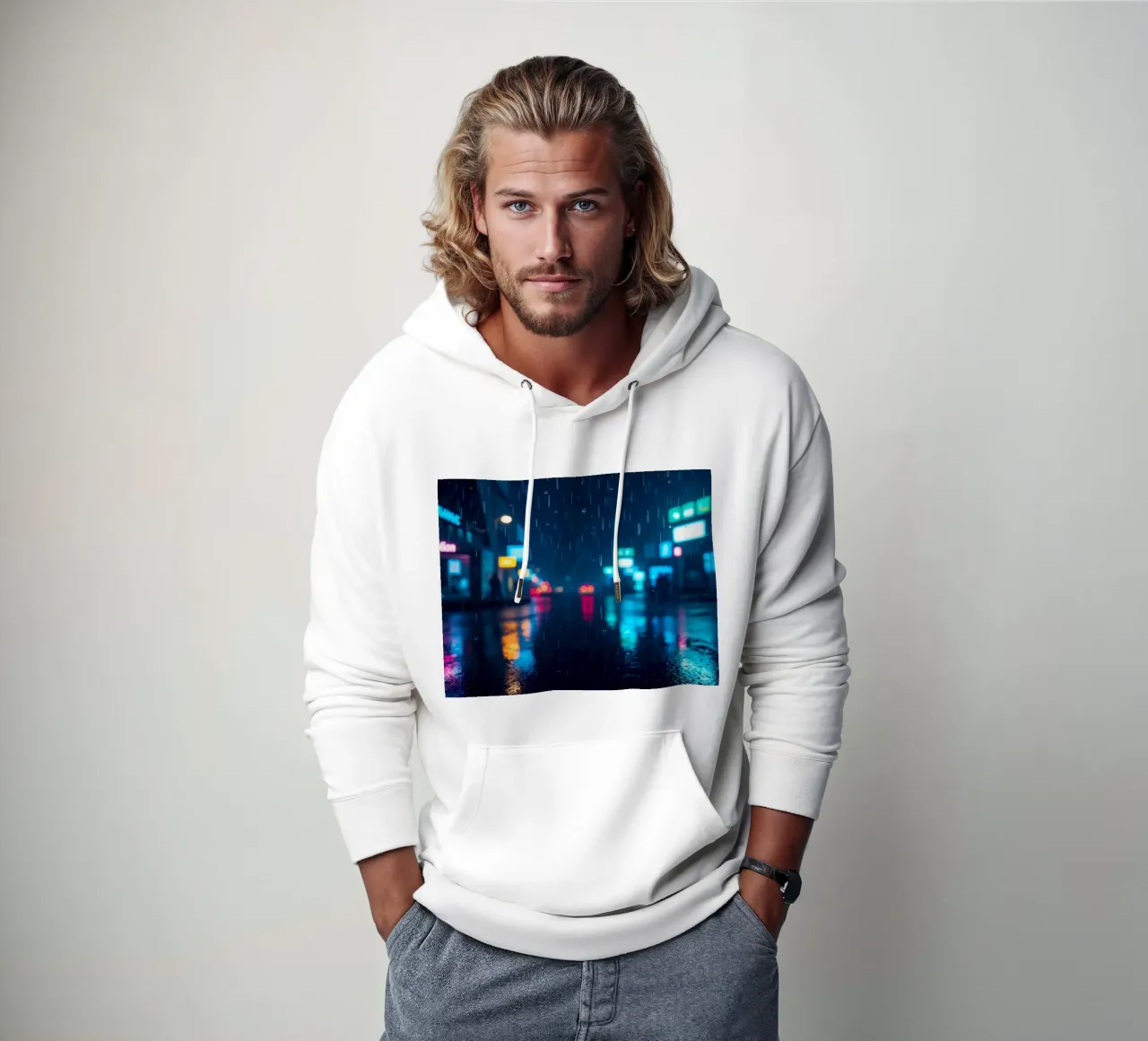 Vita notturna urbana colorata sotto la pioggia con insegne luminose felpa con cappuccio da DesignDoodle
