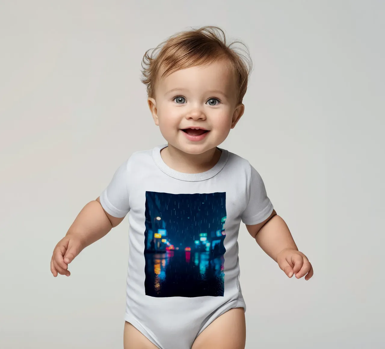 Vie nocturne urbaine colorée sous la pluie avec des enseignes lumineuses body bébé de DesignDoodle