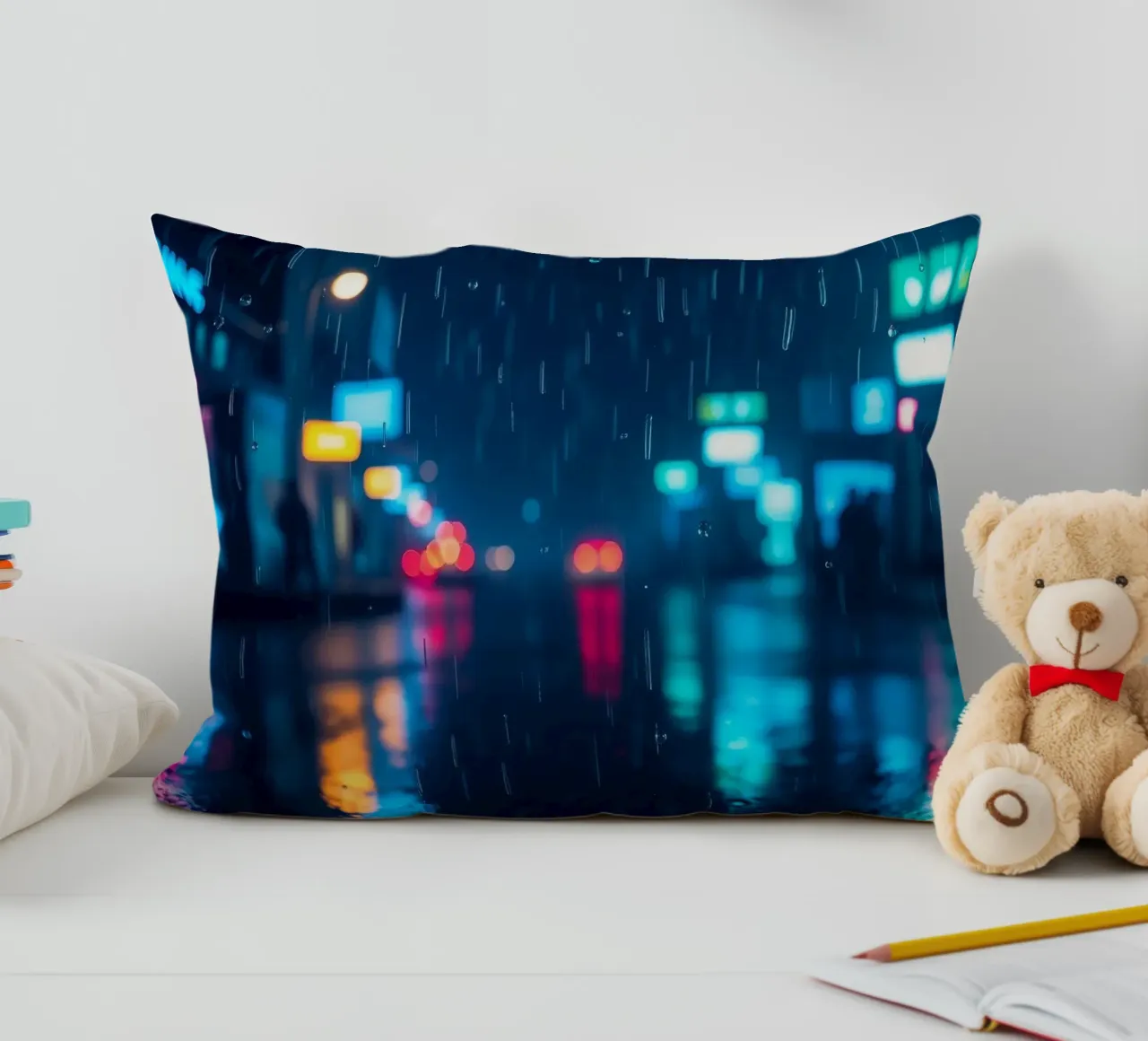 Kleurrijk stedelijk nachtleven onder regen met verlichte borden kussen van DesignDoodle