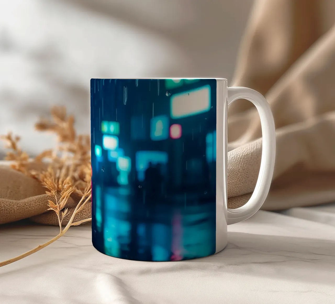 Vie nocturne urbaine colorée sous la pluie avec des enseignes lumineuses mug en céramique de DesignDoodle