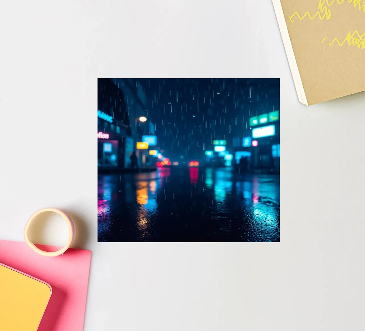 Vie nocturne urbaine colorée sous la pluie avec des enseignes lumineuses autocollant de DesignDoodle