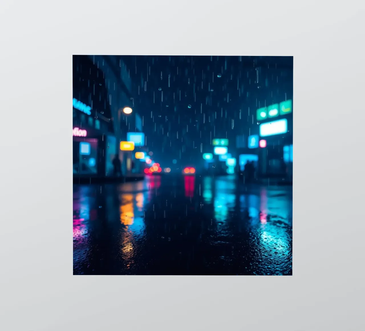 Vie nocturne urbaine colorée sous la pluie avec des enseignes lumineuses autocollant de DesignDoodle
