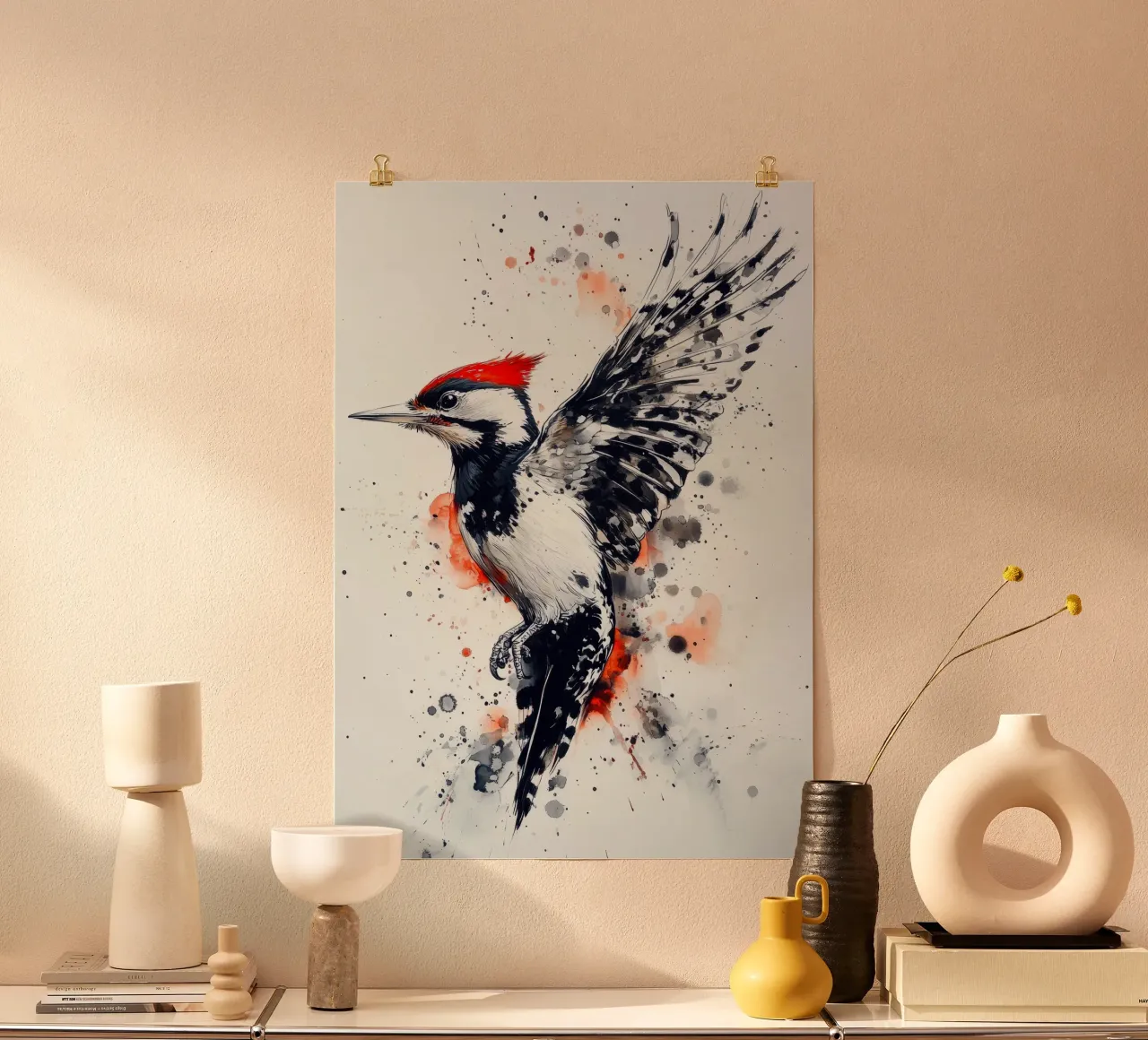Picchio, arte degli uccelli poster con telaio in alluminio da Justyna Jaszke JBJart