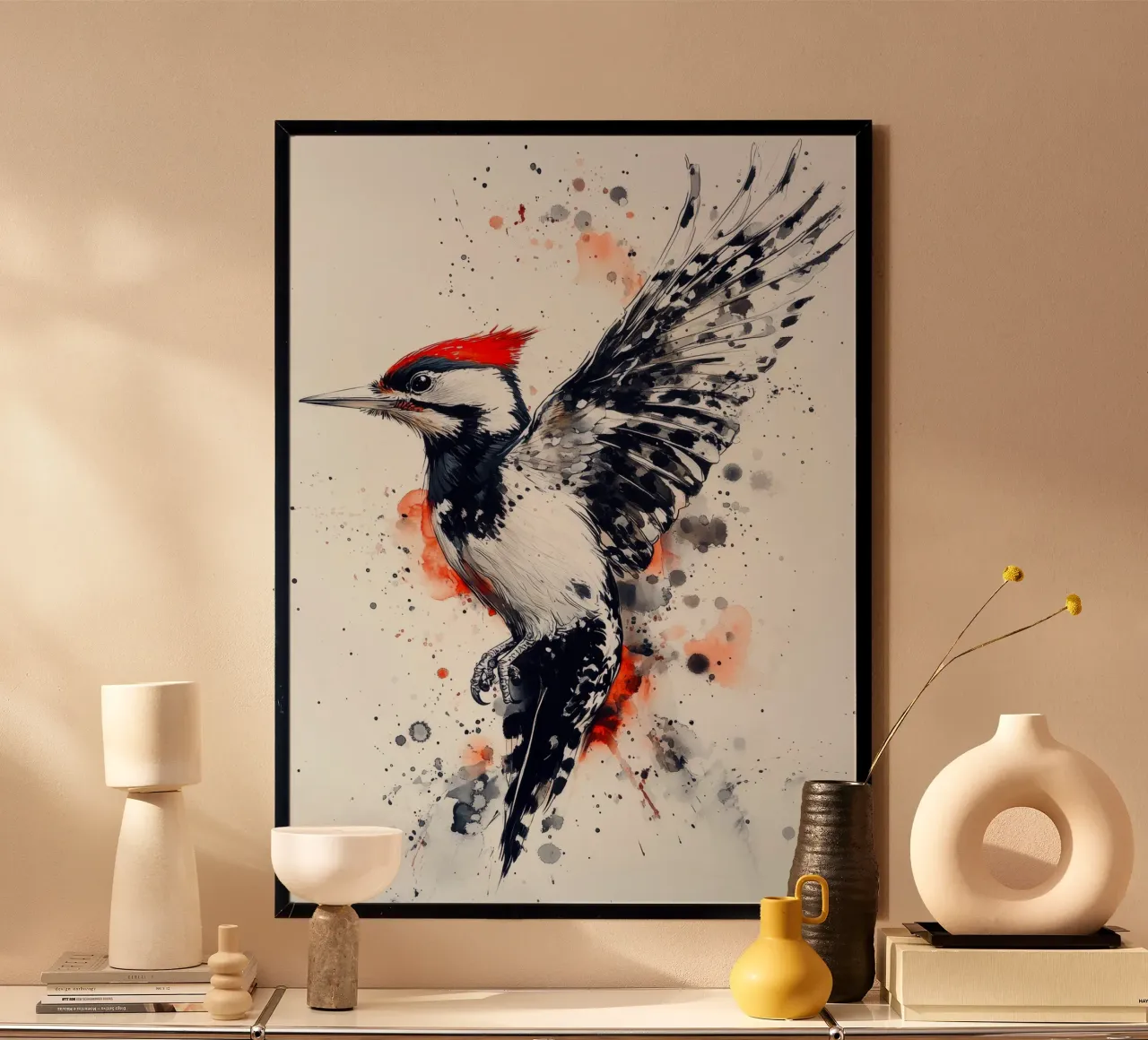 Picchio, arte degli uccelli poster con telaio in alluminio da Justyna Jaszke JBJart