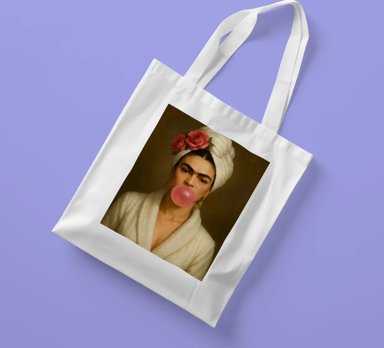 RITRATTO DI FRIDA KAHLO CON GOMMA DA MASTICARE borsa in juta da ARTOMATIC
