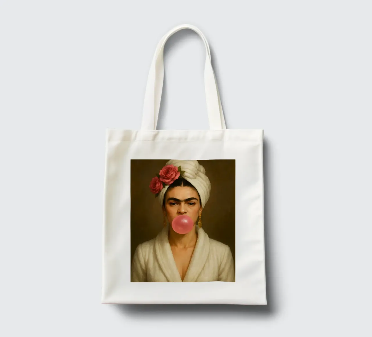 RITRATTO DI FRIDA KAHLO CON GOMMA DA MASTICARE borsa in juta da ARTOMATIC