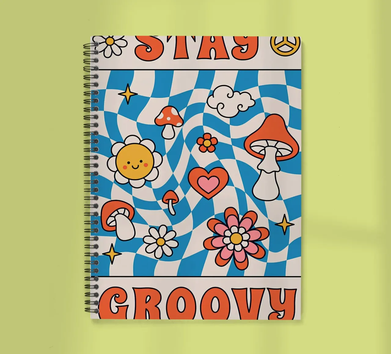 "Stay Groovy" Retro Psychedelic Art - Indie Checkerboard & M spiral notebook by NorwesClub