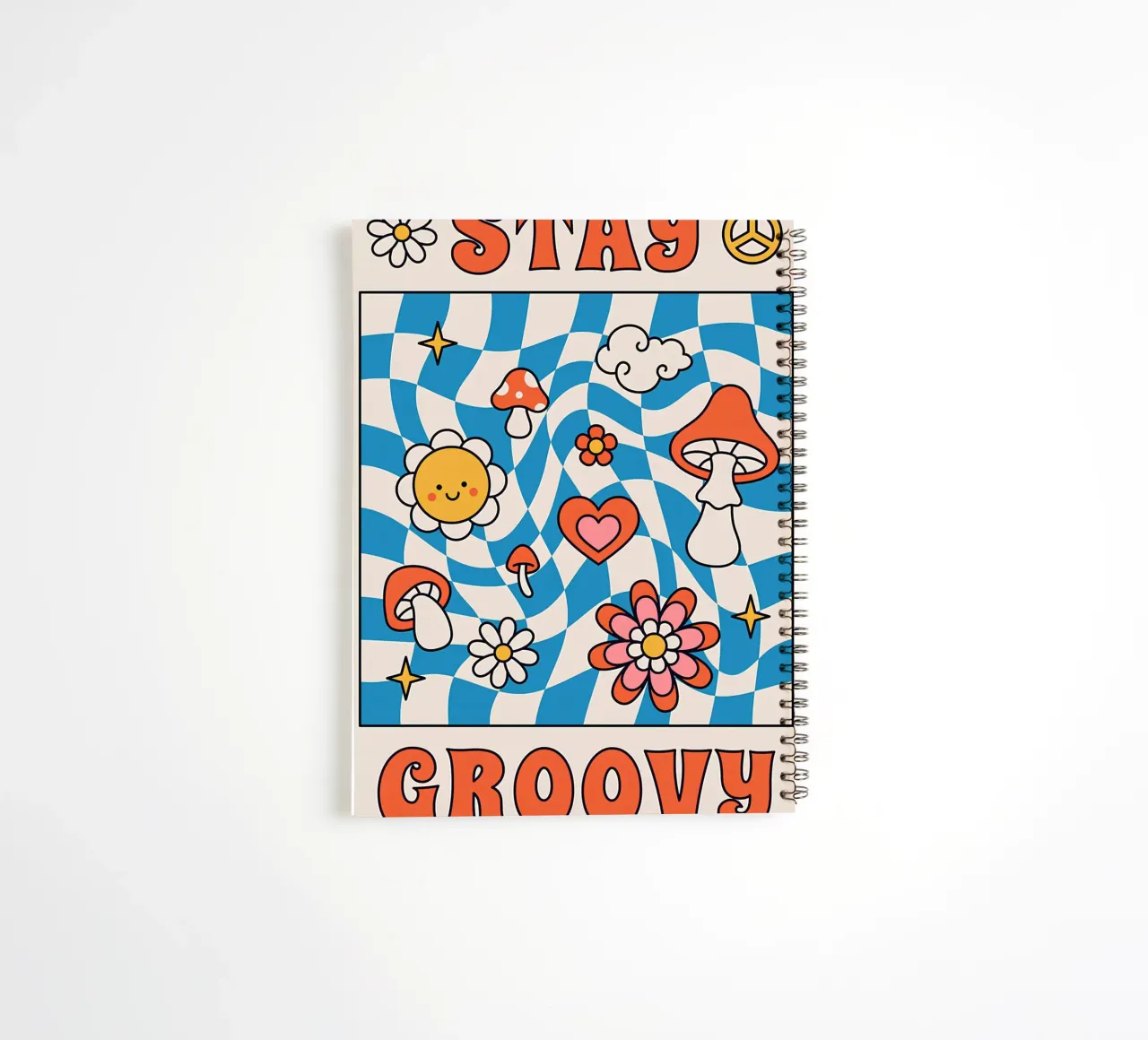 "Stay Groovy" Retro Psychedelic Art - Indie Checkerboard & M spiral notebook by NorwesClub