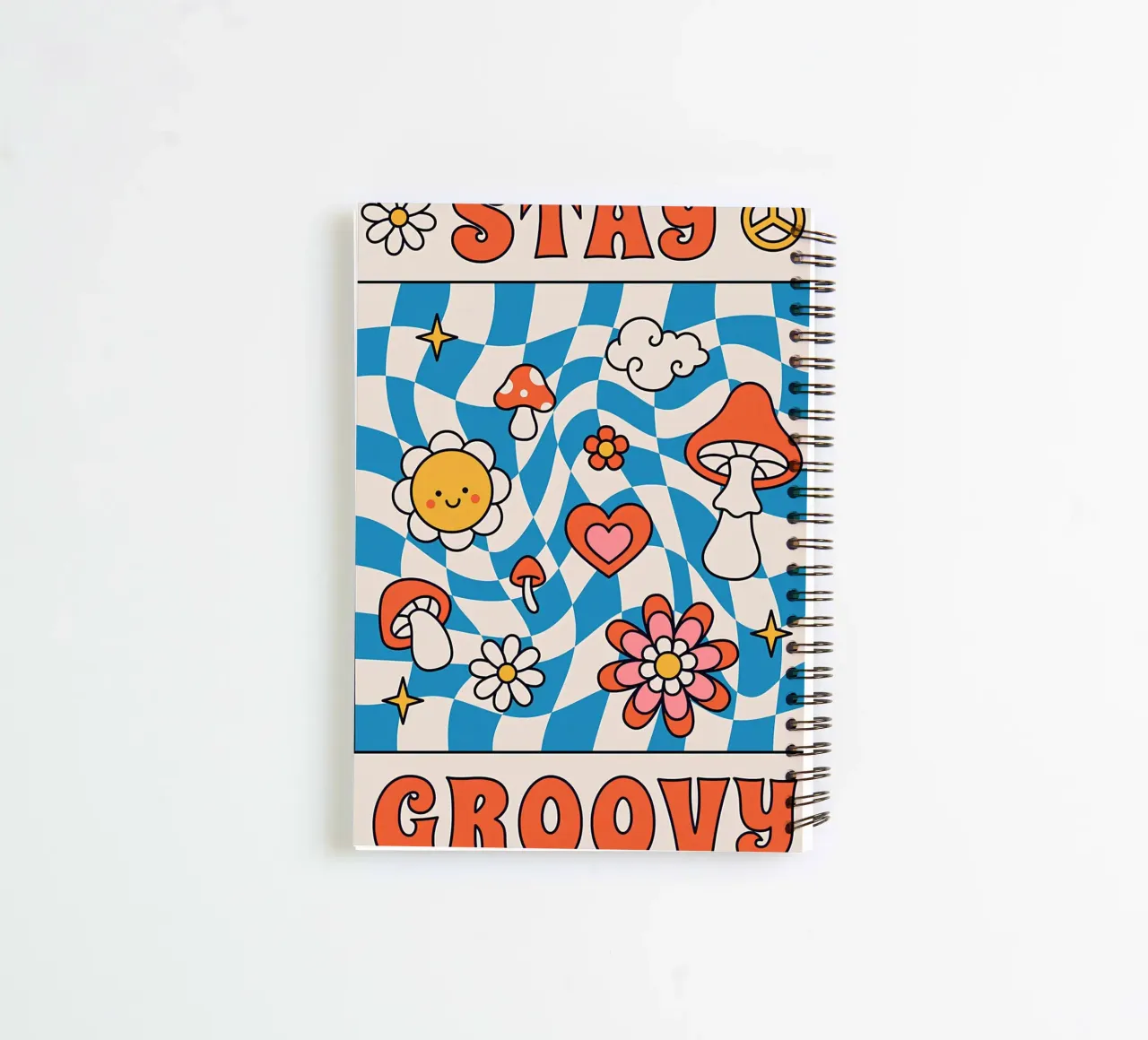 "Stay Groovy" Retro Psychedelic Art - Indie Checkerboard & M spiral notebook by NorwesClub