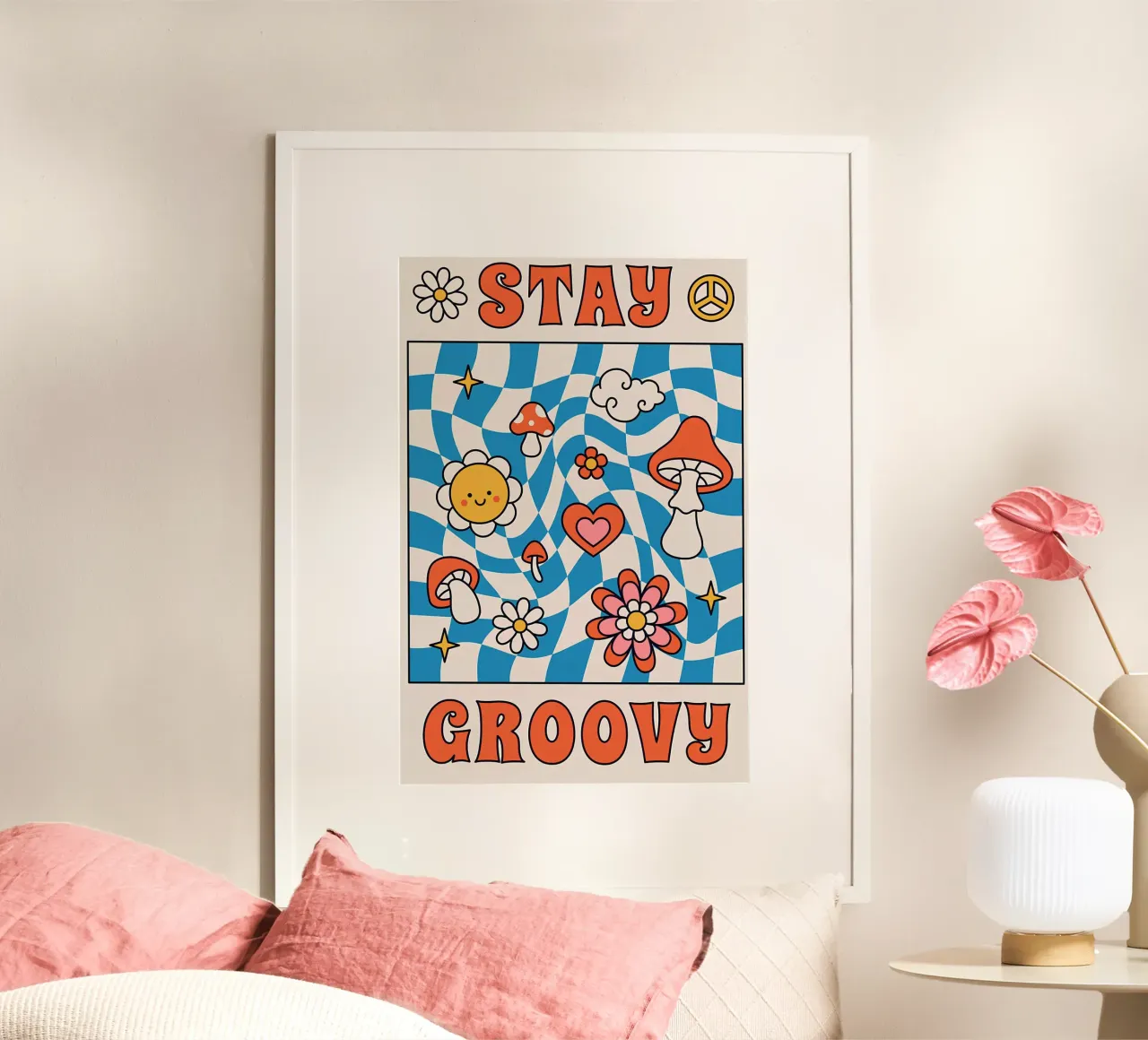 Art rétro psychédélique "Stay Groovy" - Indie Checkerboard & M poster avec cadre en bois de NorwesClub