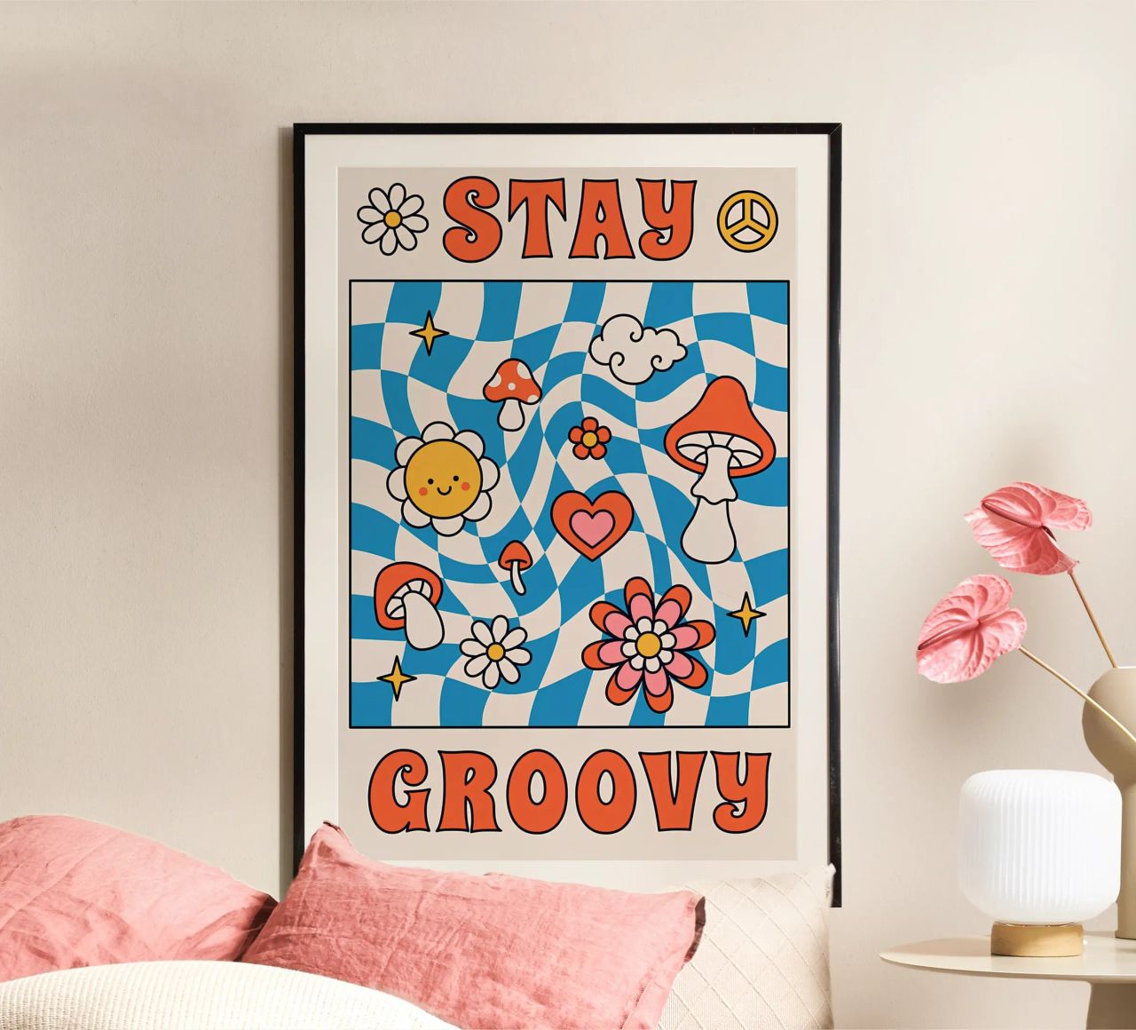 Arte Psicodélico Retro "Stay Groovy" - Indie Checkerboard & M poster de NorwesClub