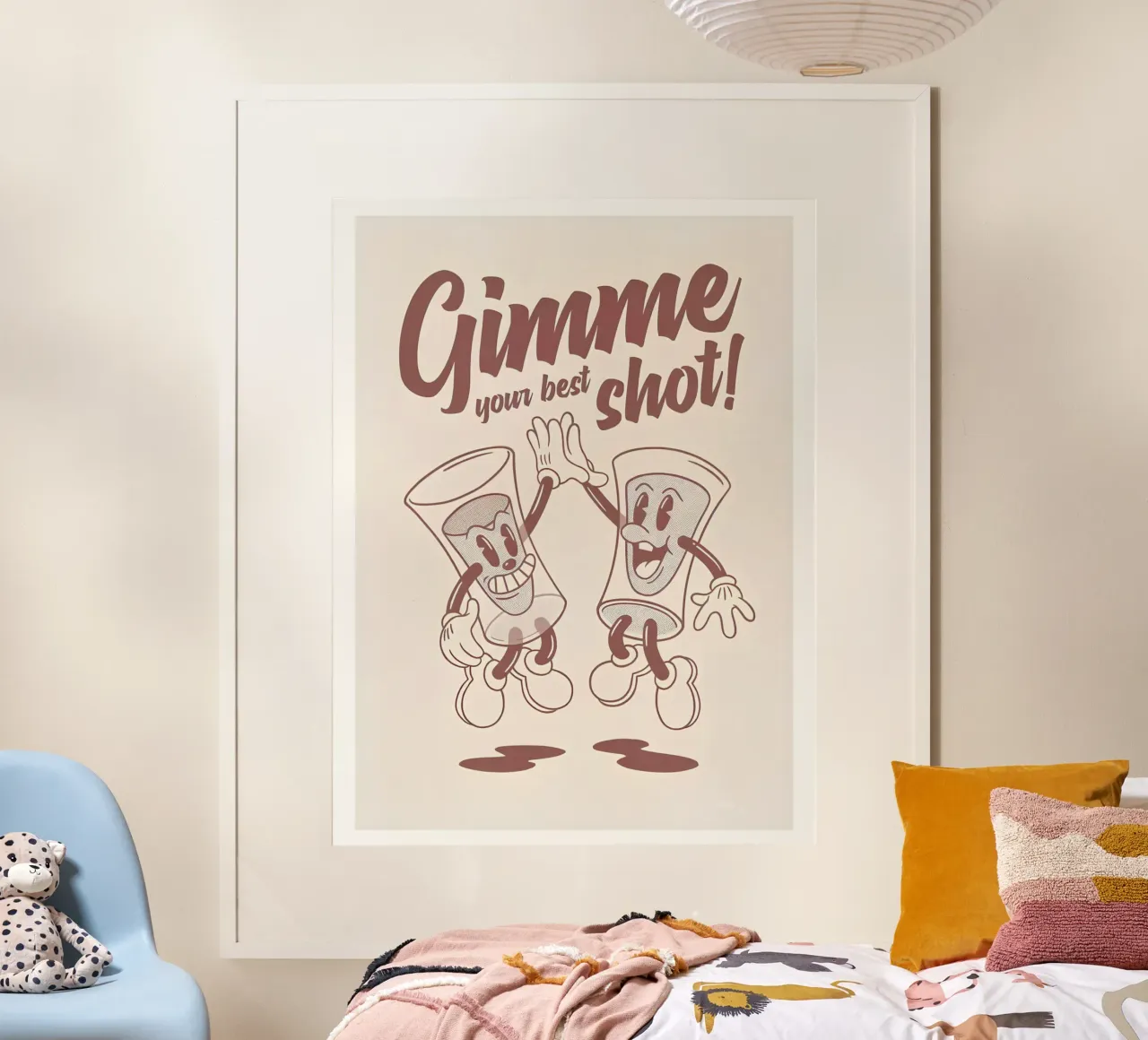 Stampa d'arte "Gimme Your Best Shot", cartone animato d'epoca, retrò, da bere poster con telaio in legno da NorwesClub