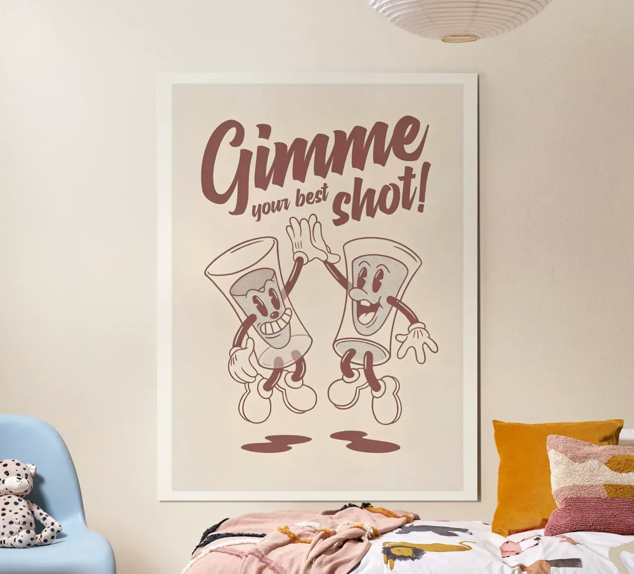 Stampa d'arte "Gimme Your Best Shot", cartone animato d'epoca, retrò, da bere poster con telaio in legno da NorwesClub
