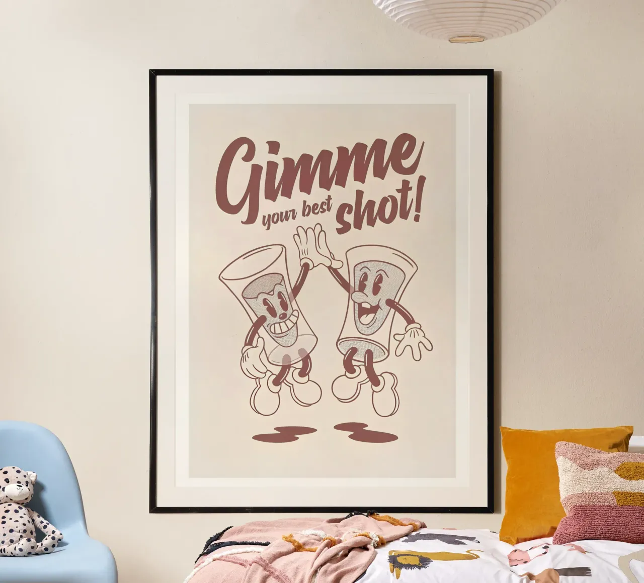 Stampa d'arte "Gimme Your Best Shot", cartone animato d'epoca, retrò, da bere poster con telaio in legno da NorwesClub