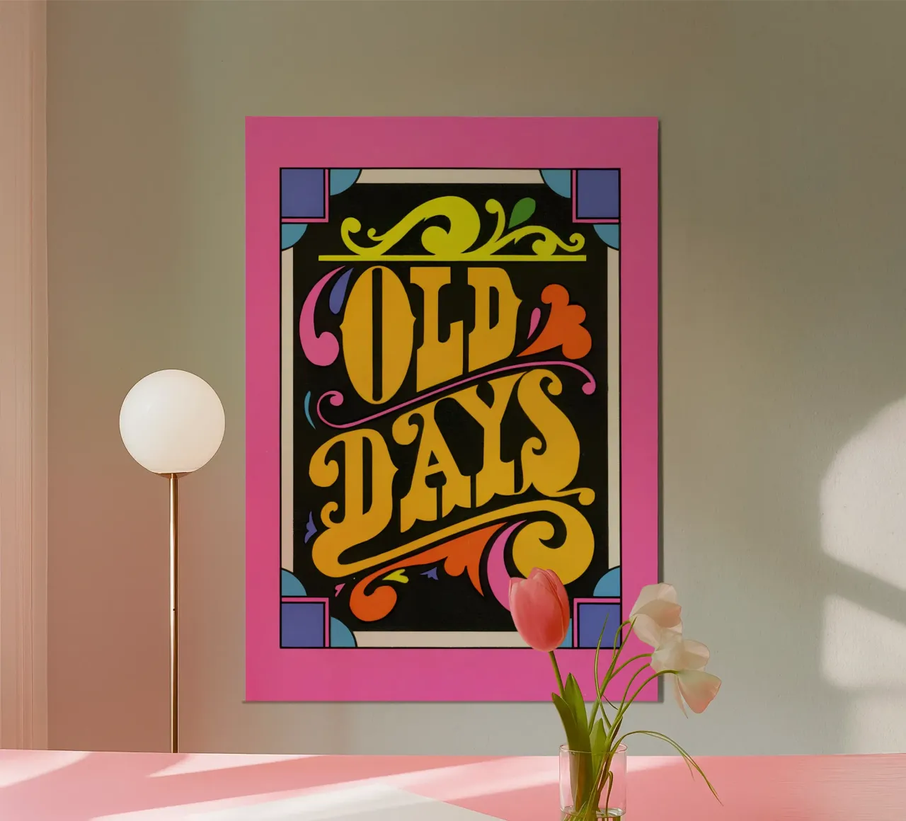 "Old Days" Stampa pop art neon con scritte psichedeliche retrò alluminio dibond da NorwesClub