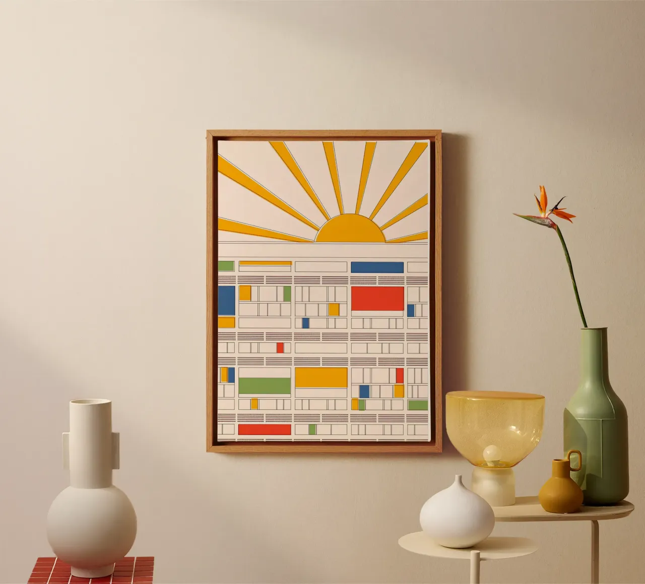 Le Corbusier Inspired Modernist Abstract Geometric Sun Print canvas with Floater frame by NorwesClub