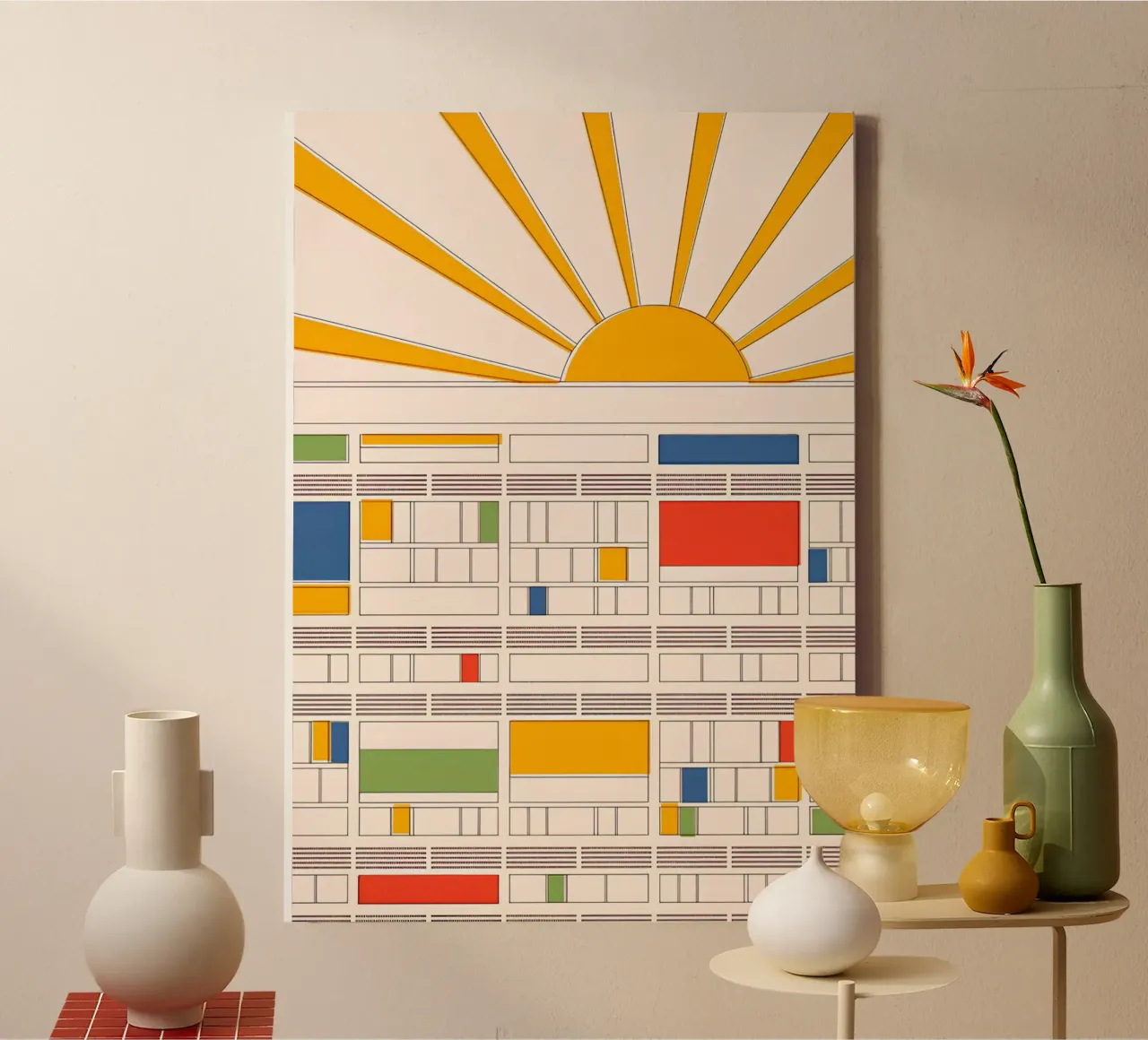 Le Corbusier Inspired Modernist Abstract Geometric Sun Print canvas with Floater frame by NorwesClub
