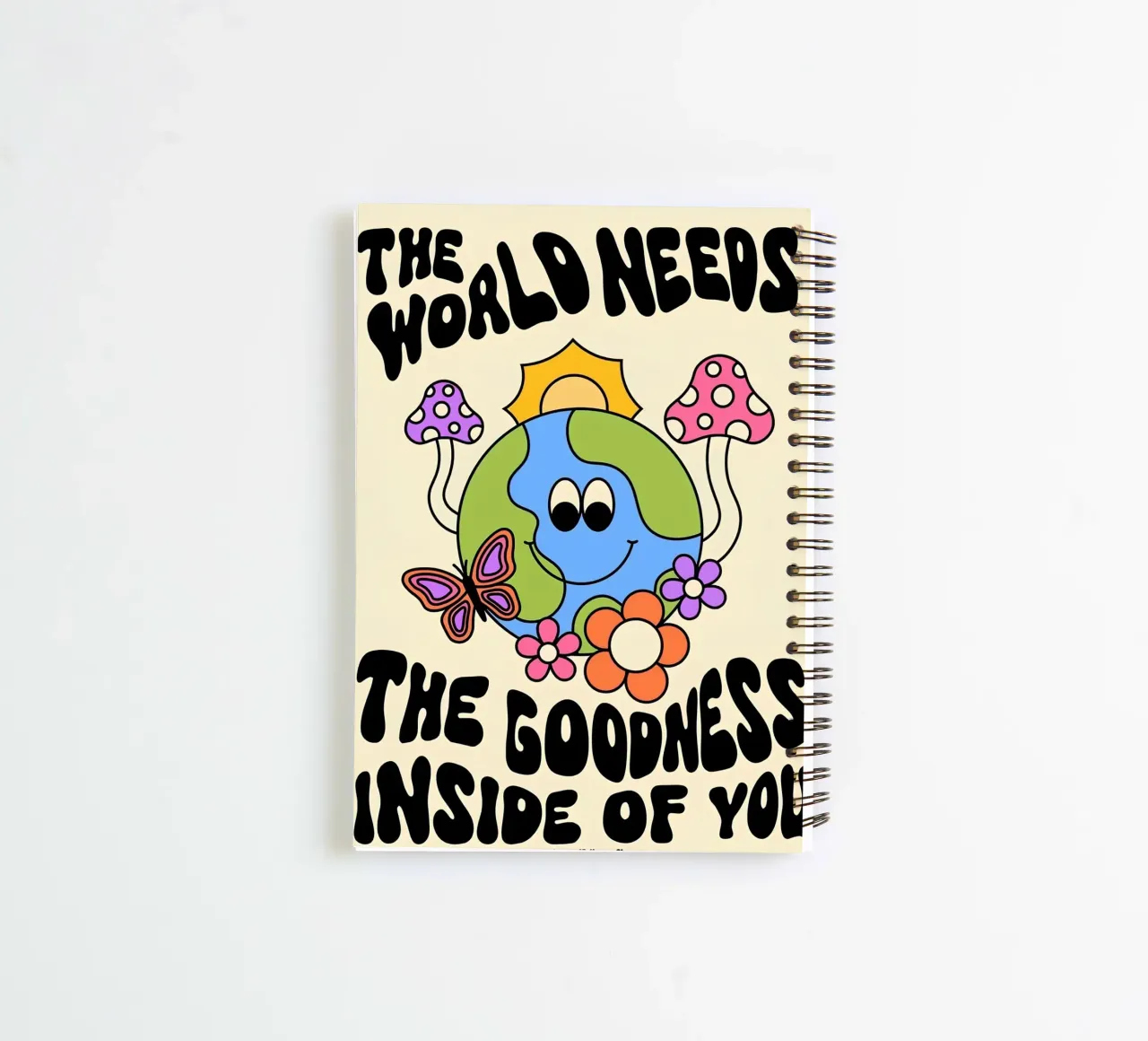 "The World Needs You" Psychedelic Groovy Positive Art Print spiral notebook by NorwesClub