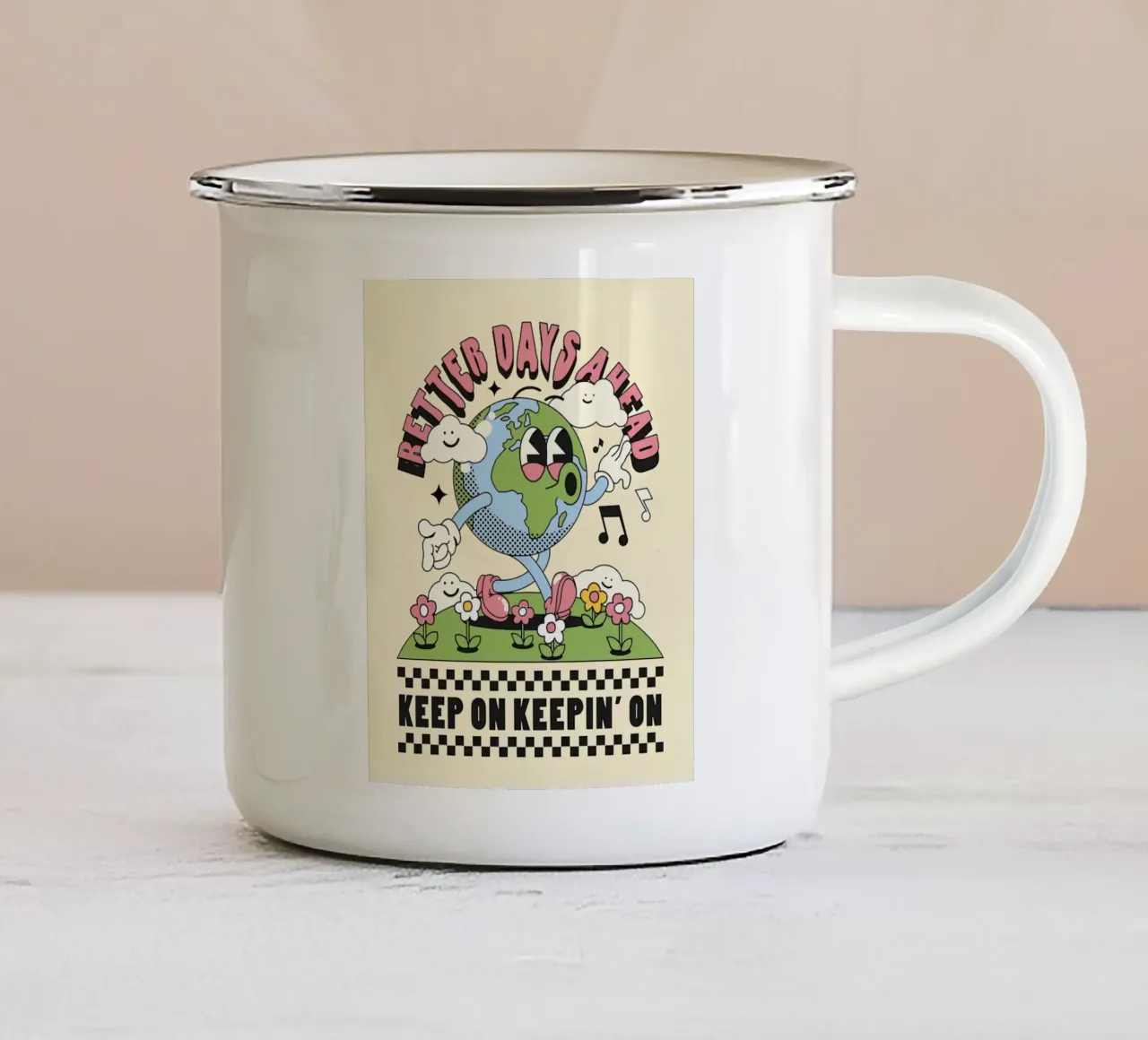 "Gimme Better Days Ahead" Pop Art retrò e ottimista della Terra tazza in smalto da NorwesClub