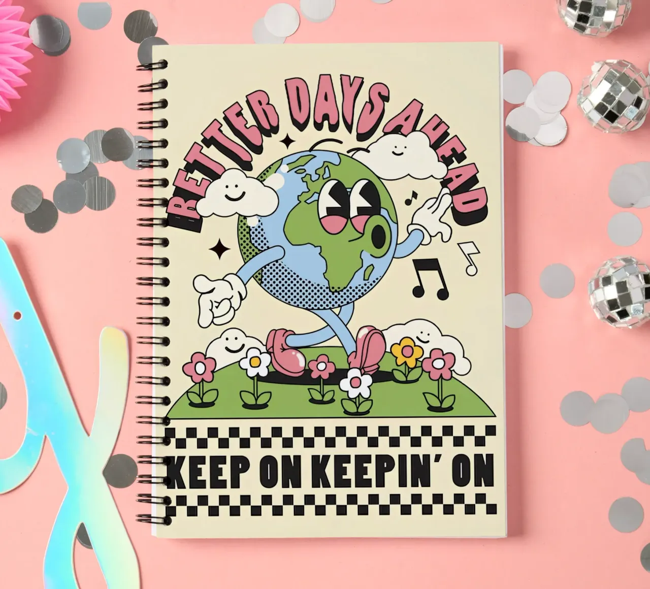 "Gimme Better Days Ahead" Retro Earth Optimistic Pop Art spiral notebook by NorwesClub
